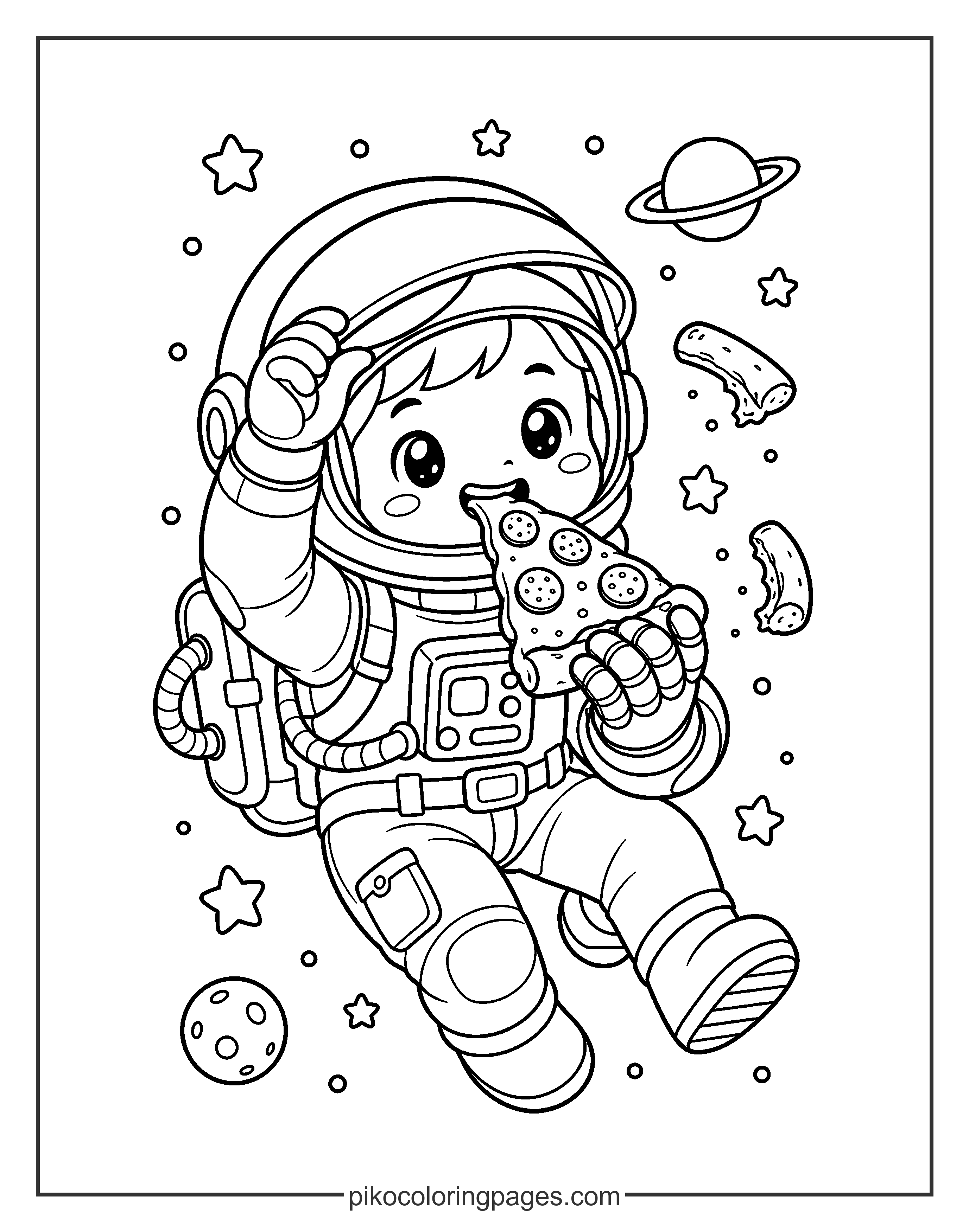 Even astronauts get hungry for a pizza party in orbit! Funny astronaut eating pizza coloring page for kids
