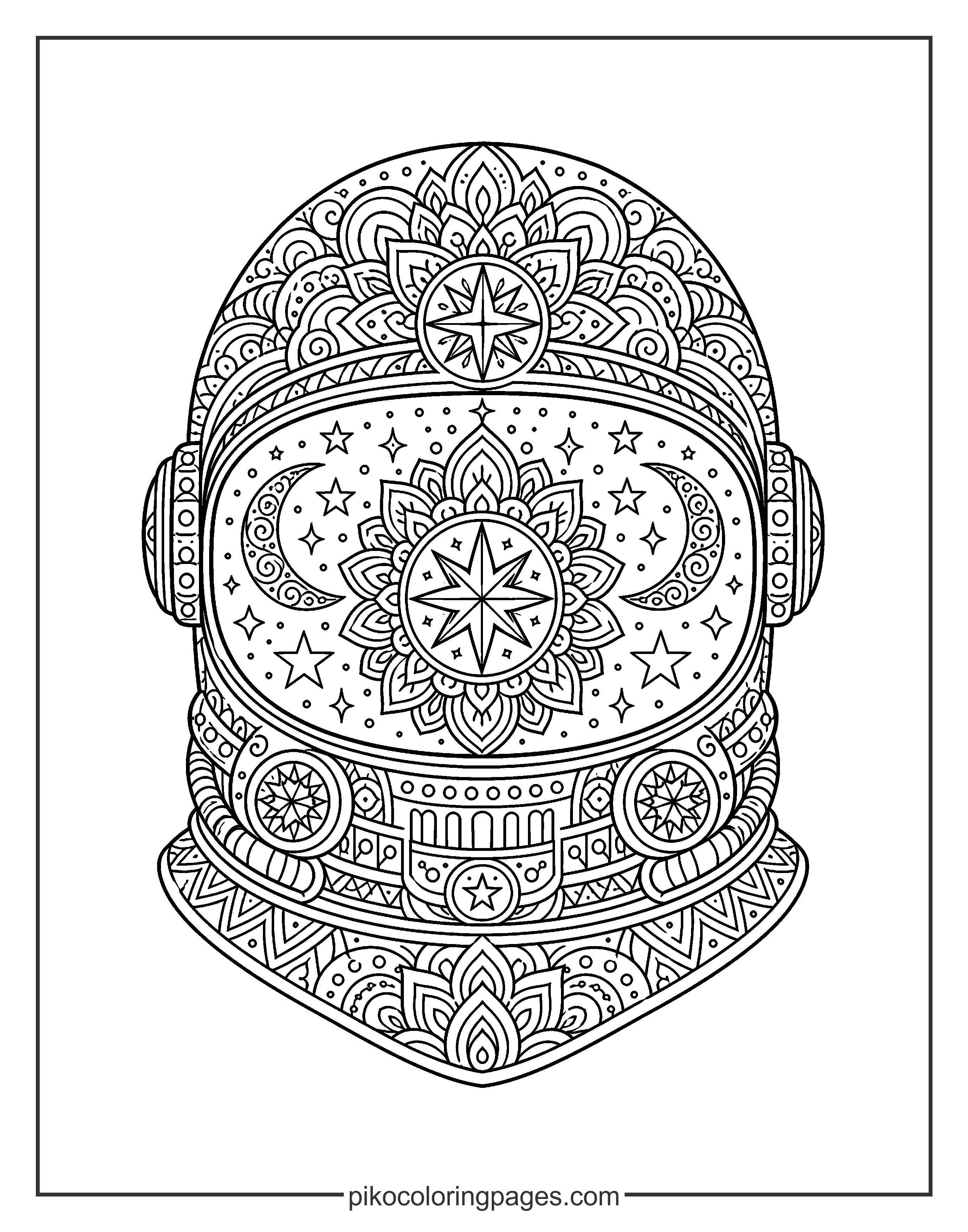 Find your zen among the stars with this intricate mandala design. Astronaut helmet mandala coloring page for adults