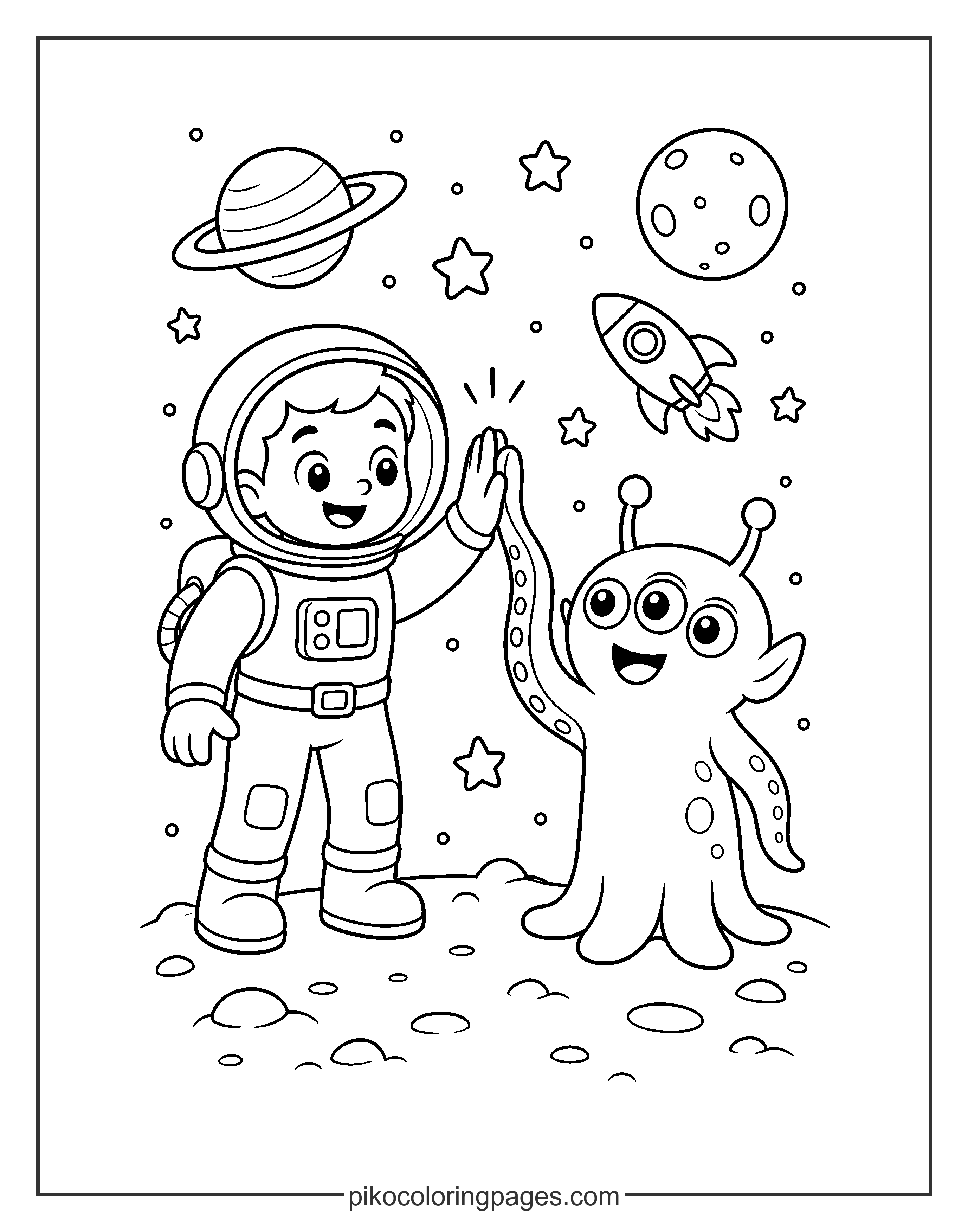 Making new friends from across the stars! Astronaut high-fiving an alien coloring page