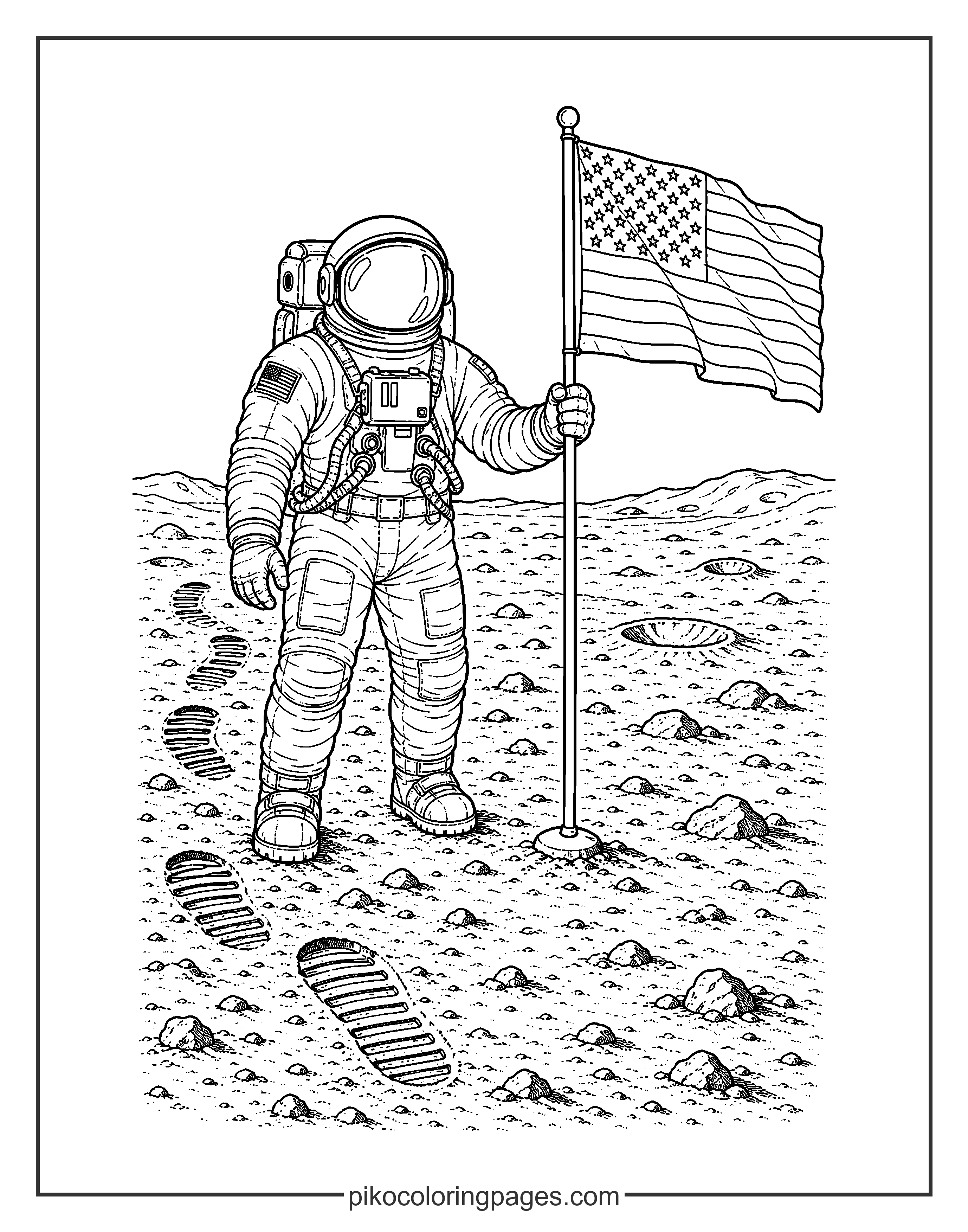 A historic moment captured in a coloring page! Astronaut on the moon with flag coloring page