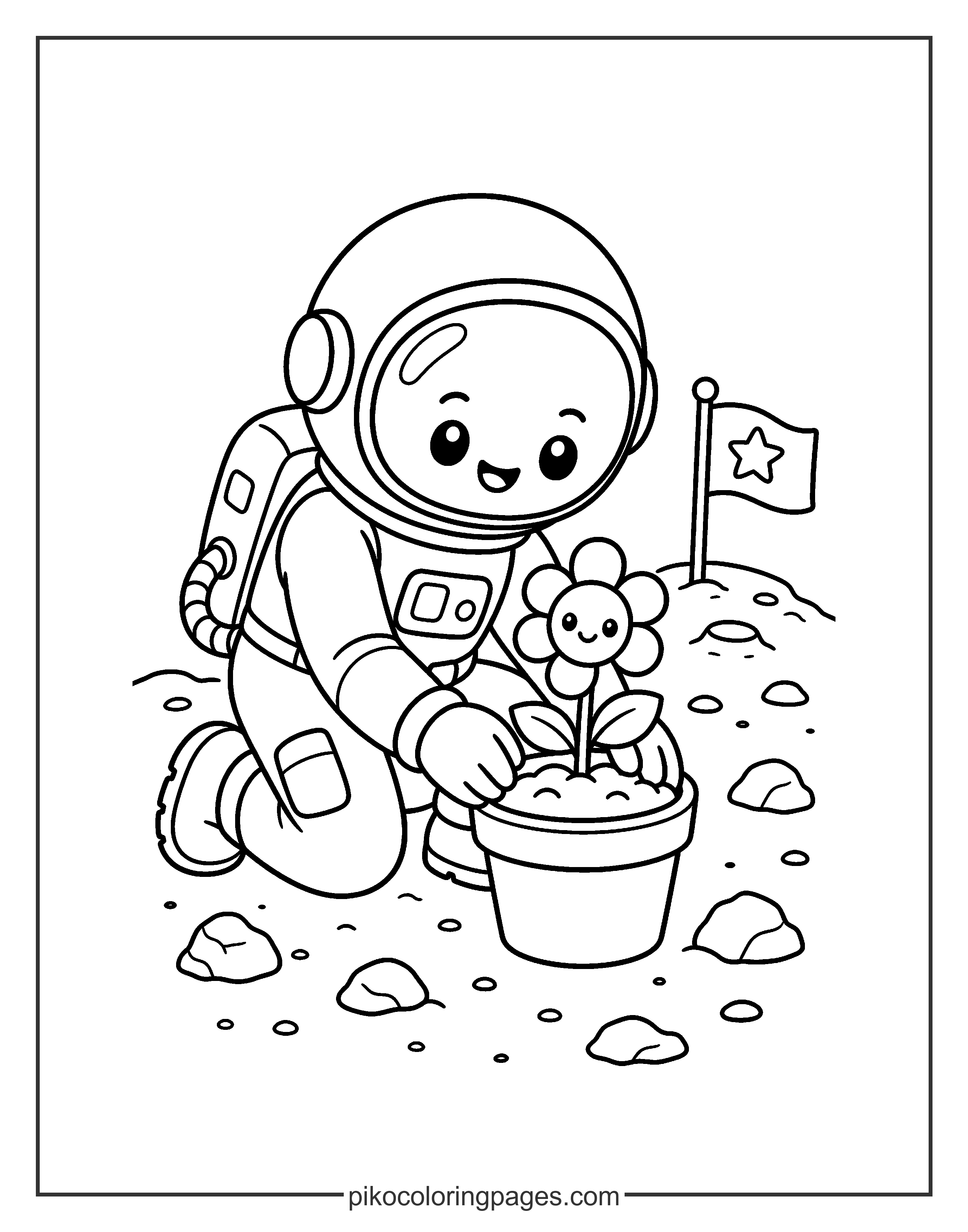 Making the galaxy a little greener, one planet at a time. Astronaut planting a flower in space coloring page