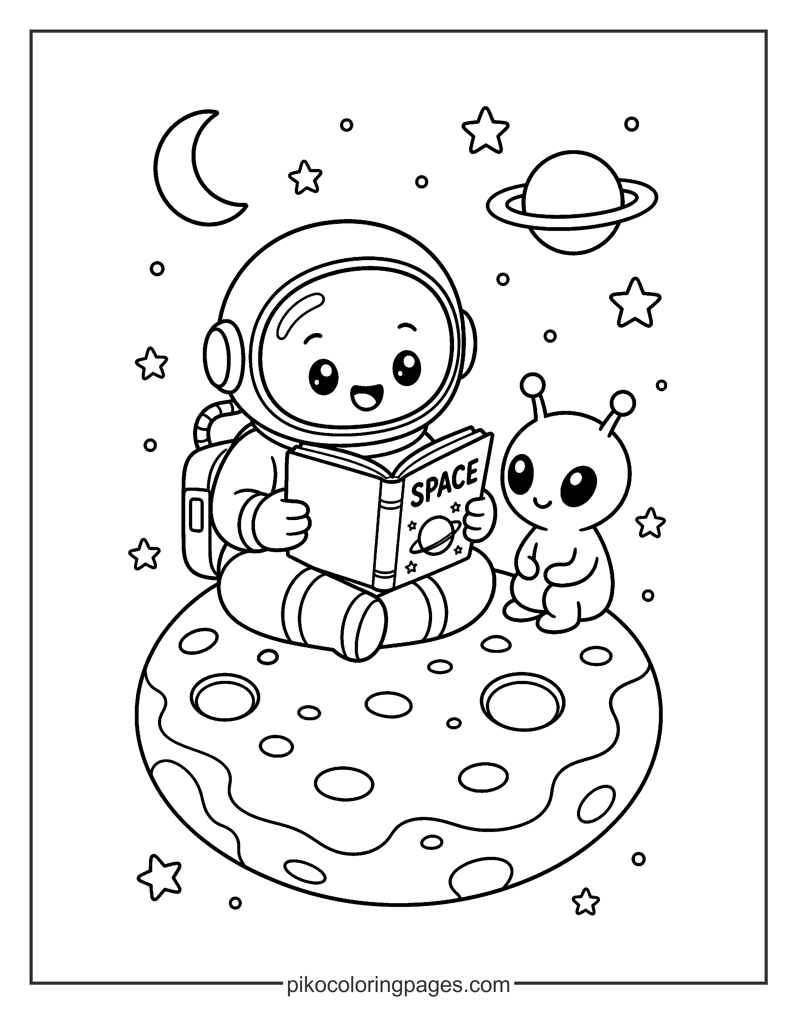 It is never too far to go for a good story! Astronaut reading a book coloring page