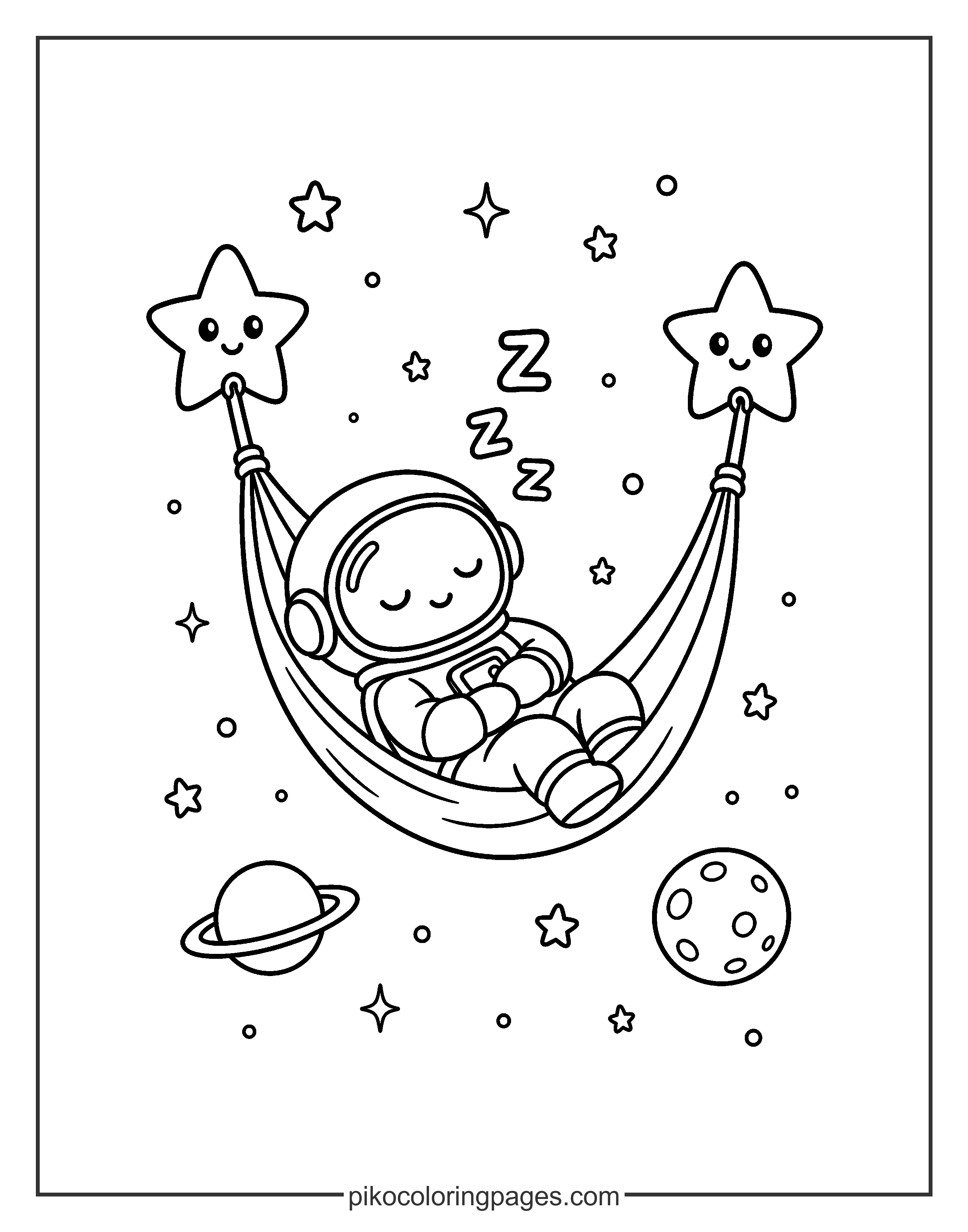 Even space explorers need to catch some Zzzs between missions. Sleeping astronaut in a hammock coloring page