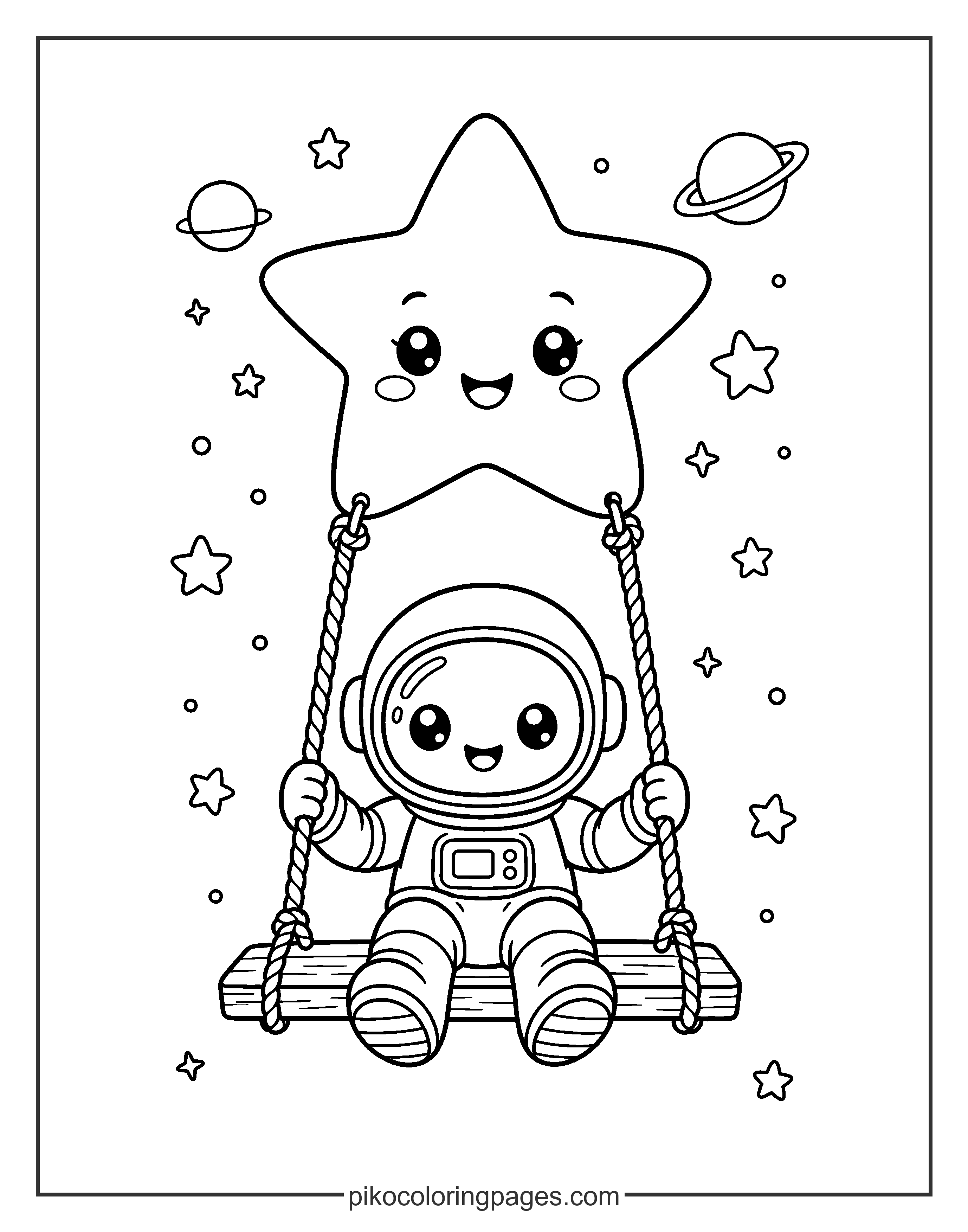 Swinging through the Milky Way on a shooting star! Astronaut on a star swing coloring page