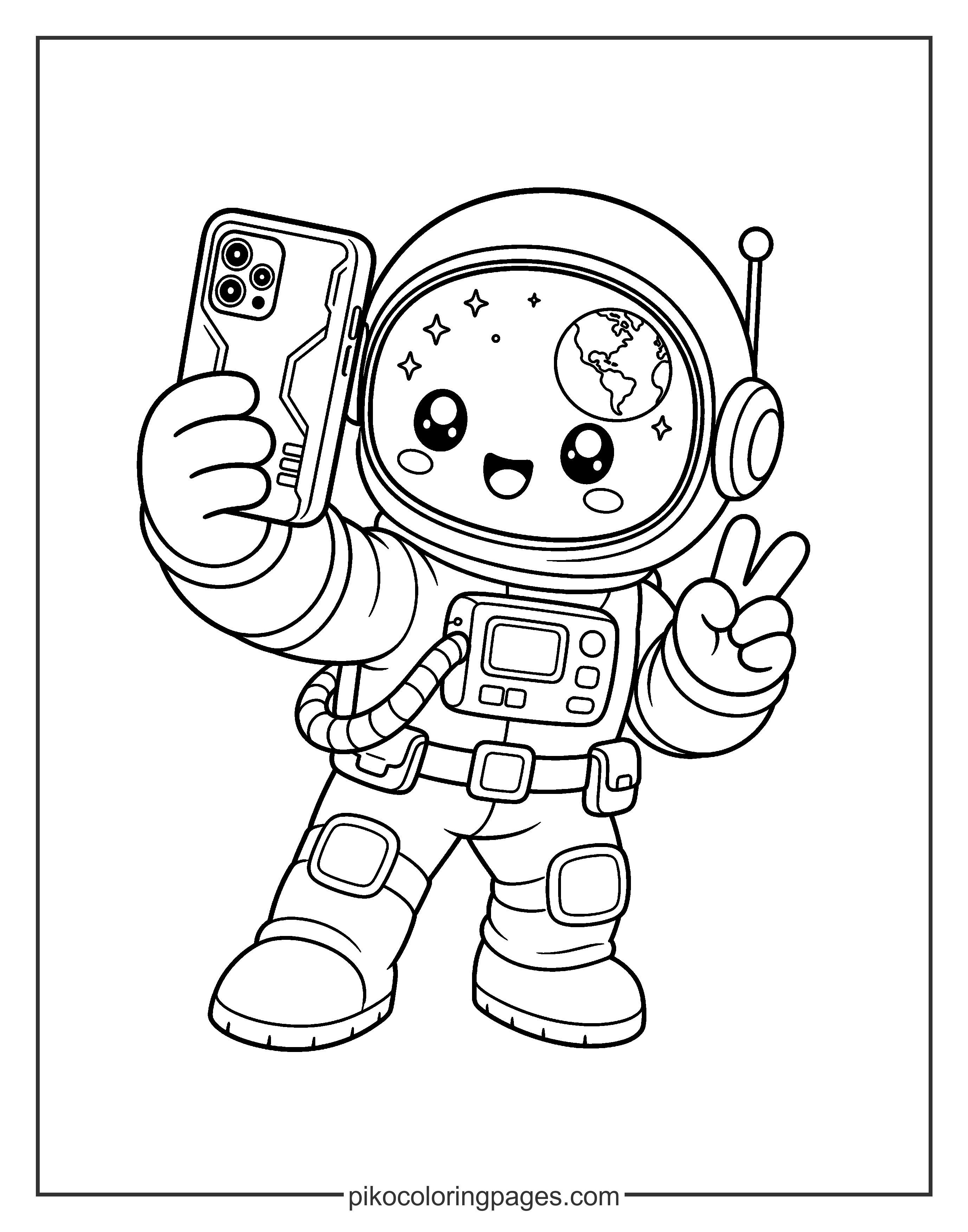 Say cheese! A galactic selfie with Earth in the background. Astronaut taking a selfie coloring page