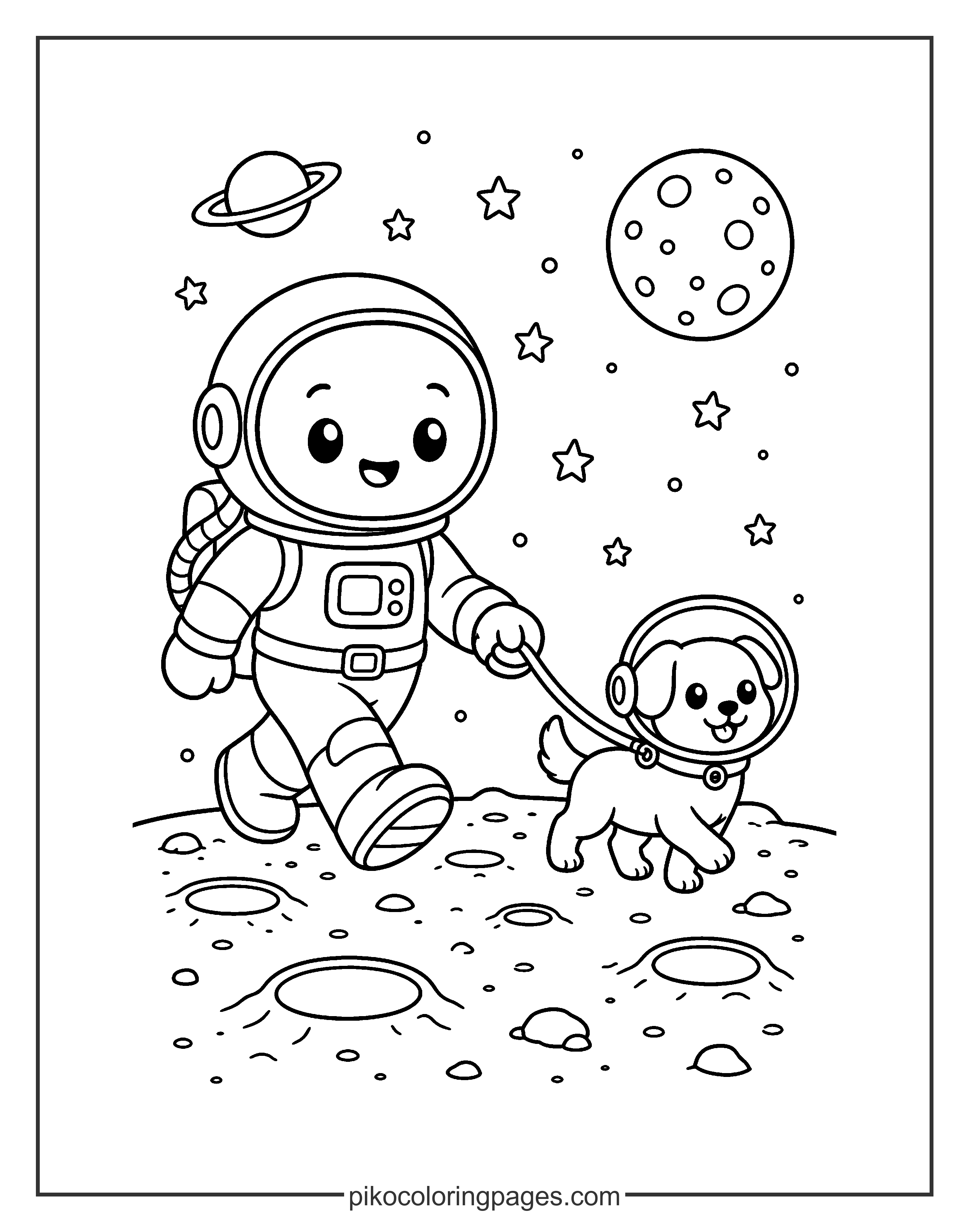 Every astronaut needs a furry friend for their moon walk! Astronaut walking a space dog coloring page