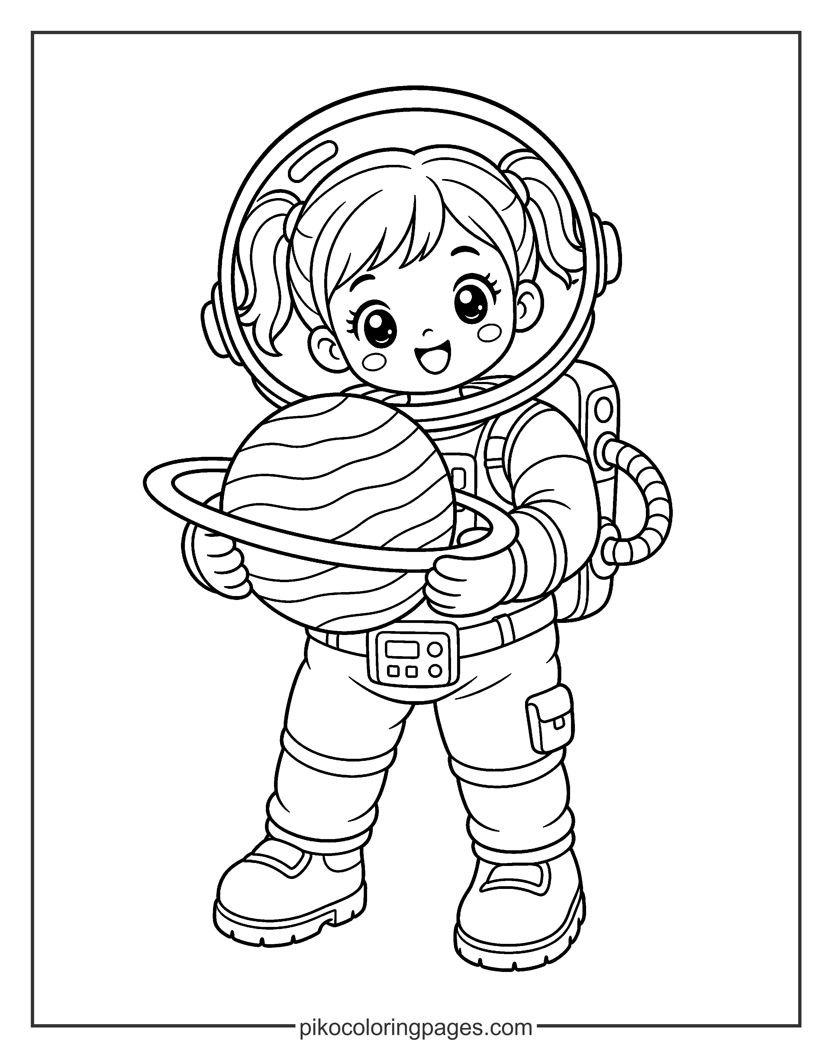 A talented girl astronaut playing 'space-ball' with a ringed planet! Girl astronaut holding Saturn coloring page