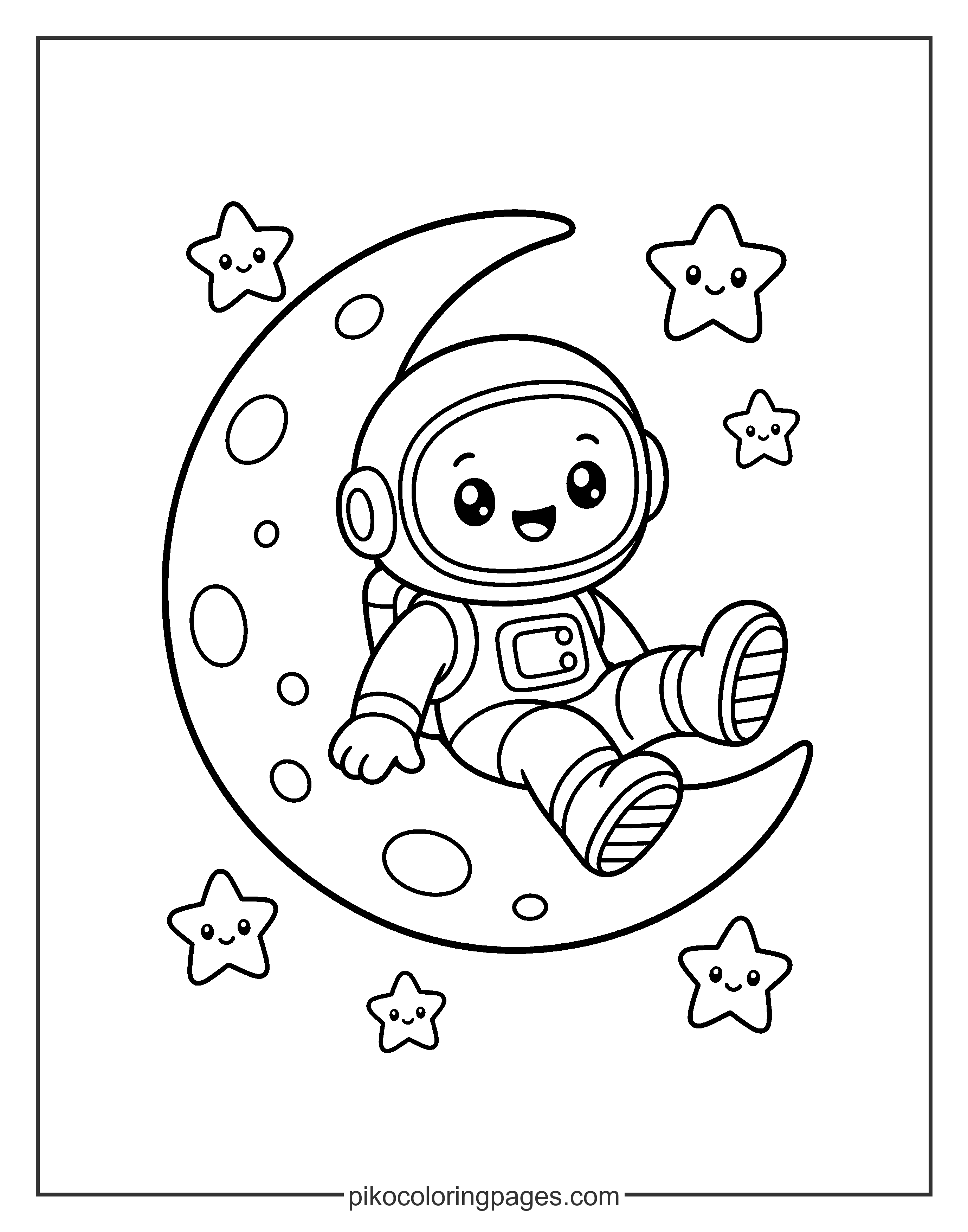 Take a rest on the moon with this happy little space traveler! Kawaii astronaut sitting on the moon coloring sheet