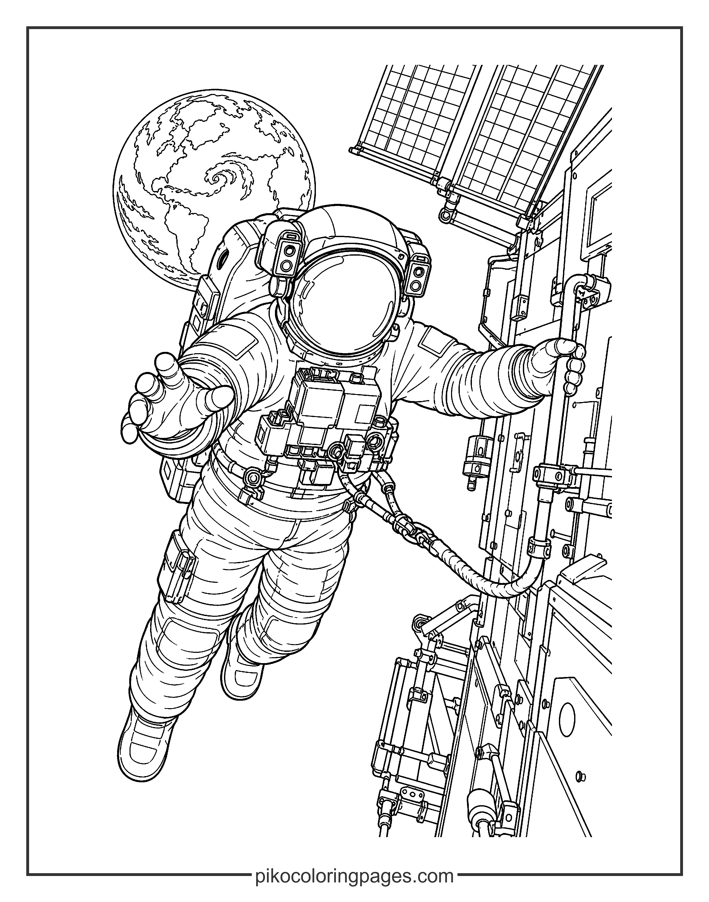 Experience the thrill of a real spacewalk with this detailed design. Detailed astronaut spacewalk coloring page