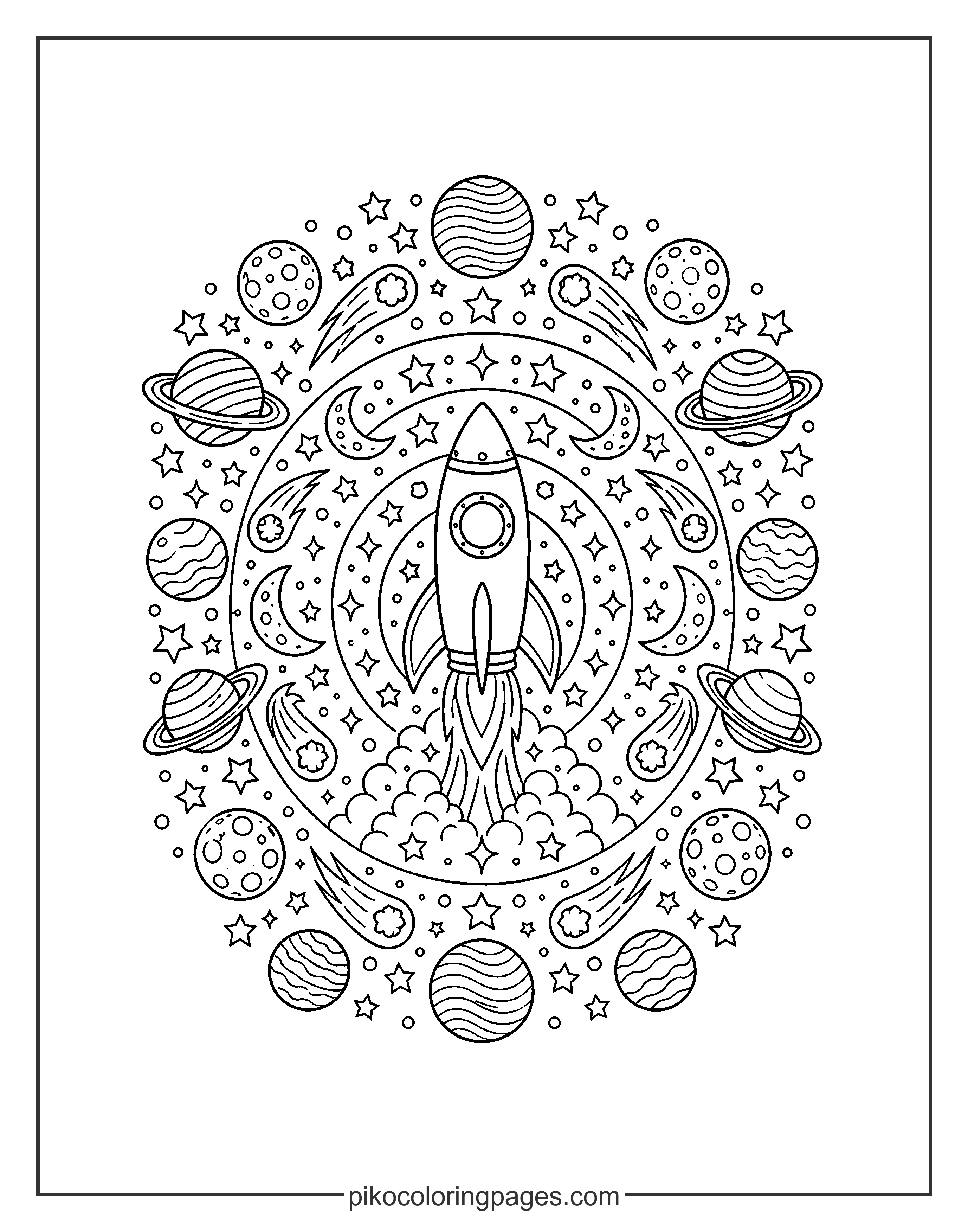 A cosmic explosion of patterns and shapes for the advanced artist. Rocket ship and space mandala coloring page