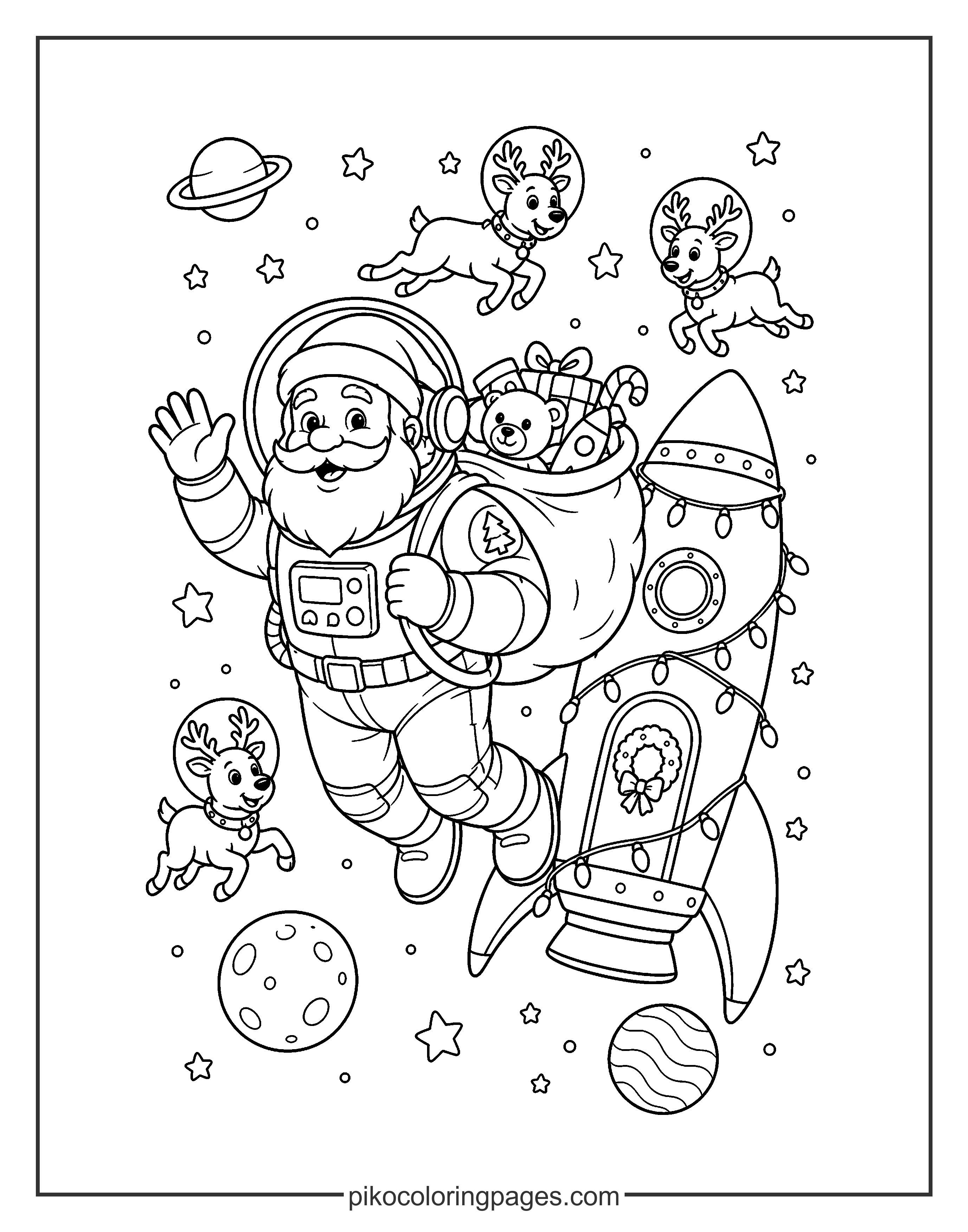 Even the North Pole explores the galaxy during the holidays! Santa astronaut Christmas coloring page