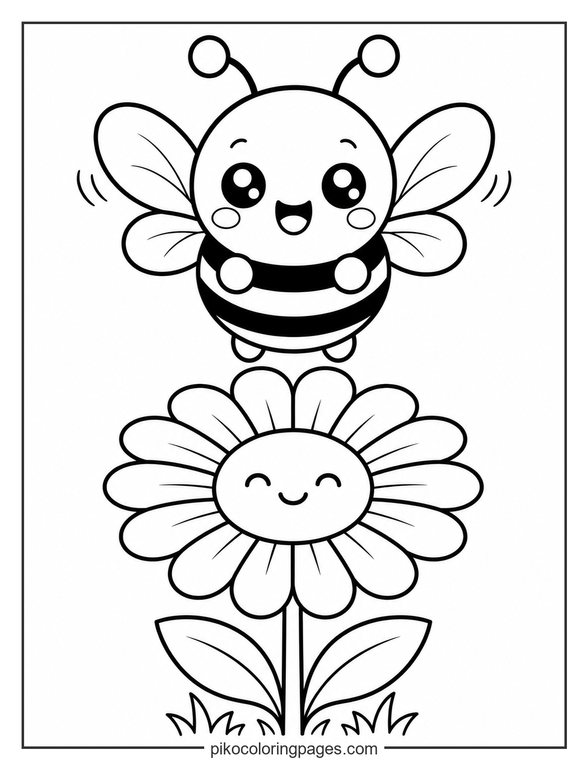 Kawaii bee and smiling daisy coloring page