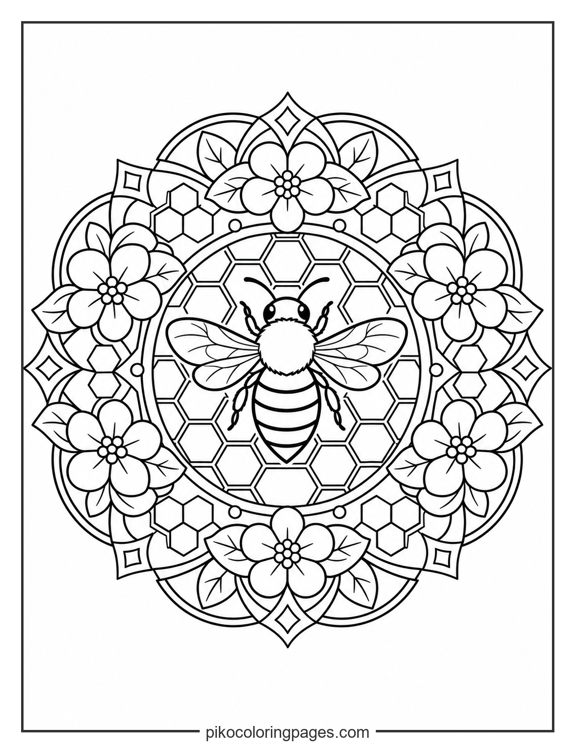 Geometric honeycomb and bee mandala coloring page for adults