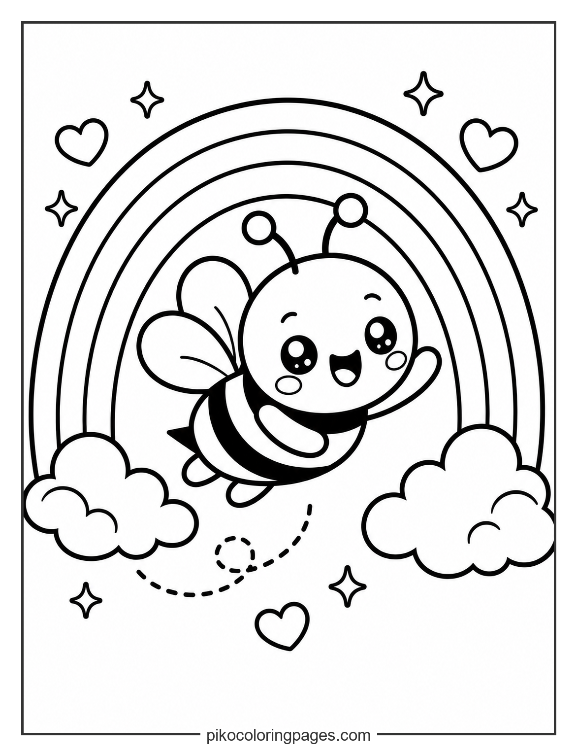 Bee flying through a rainbow coloring page