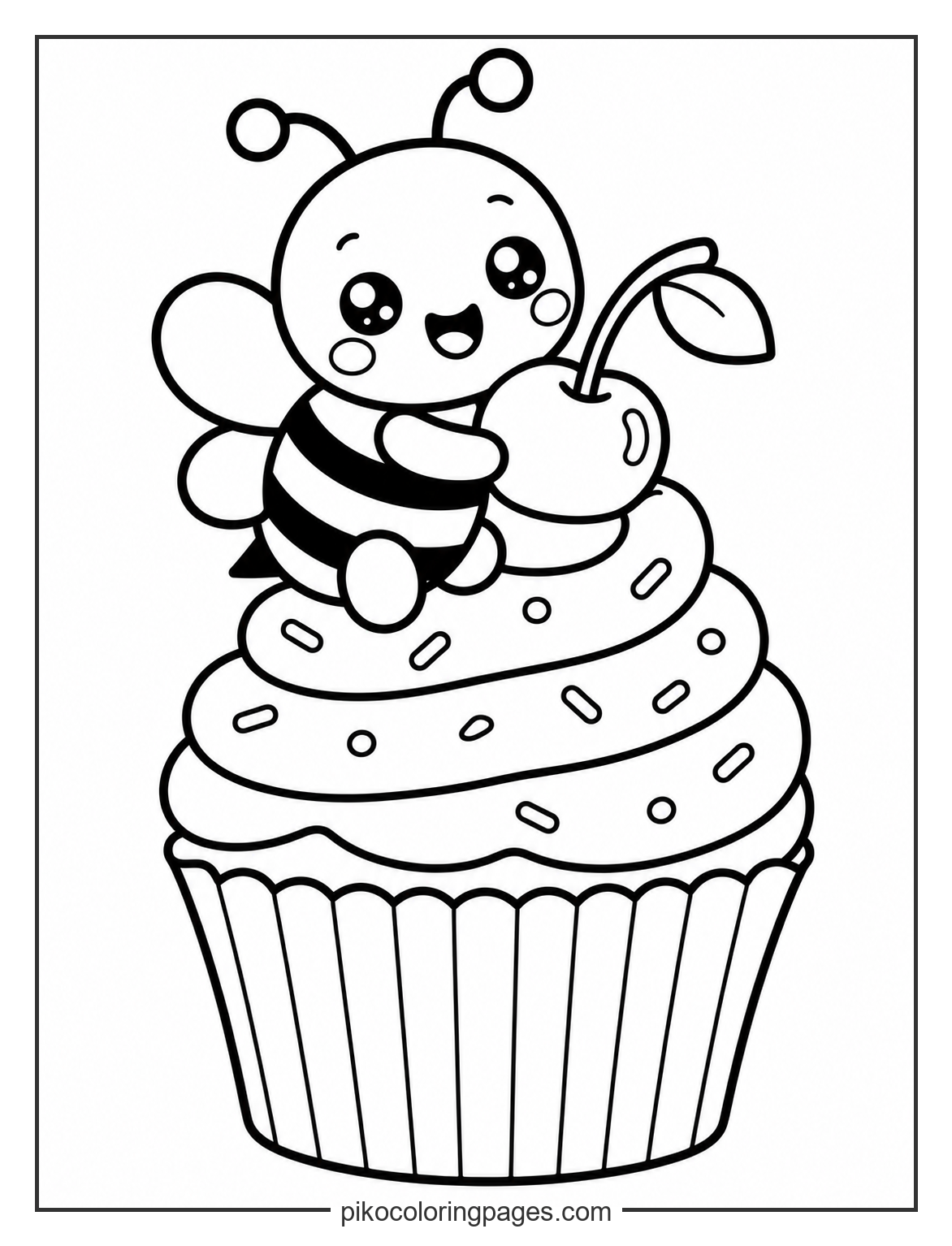 Cute bee on a cupcake coloring page
