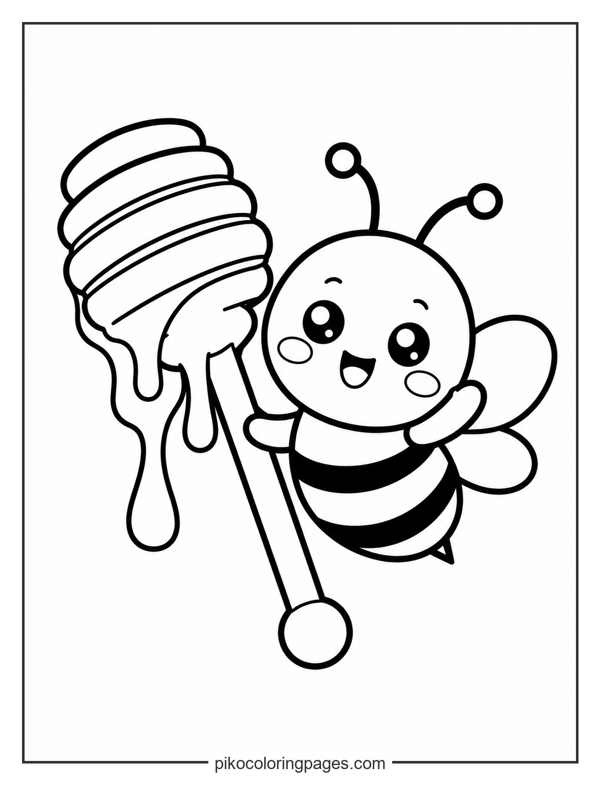 Kawaii bee with a honey dipper coloring page