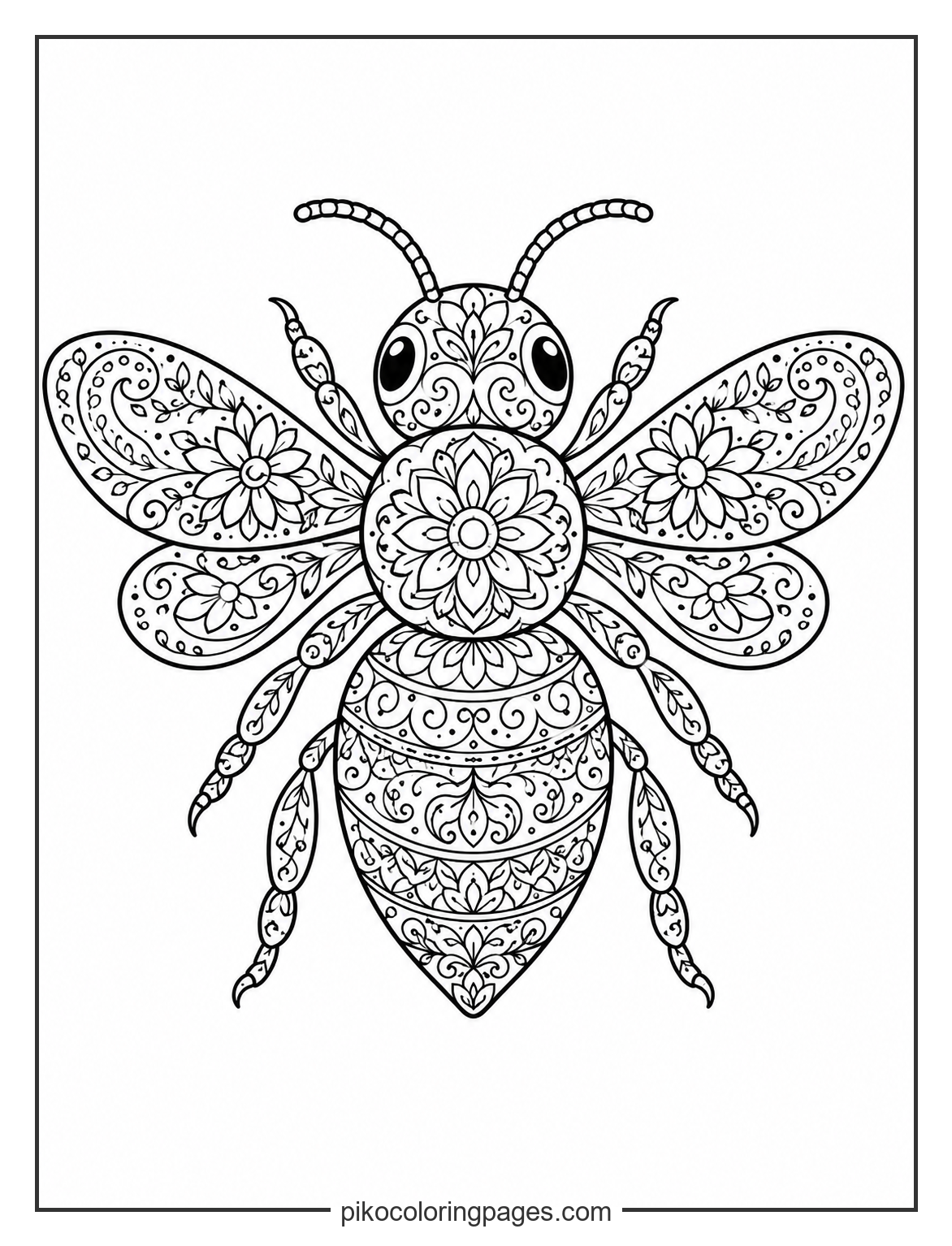 Ornate floral bee mandala coloring page