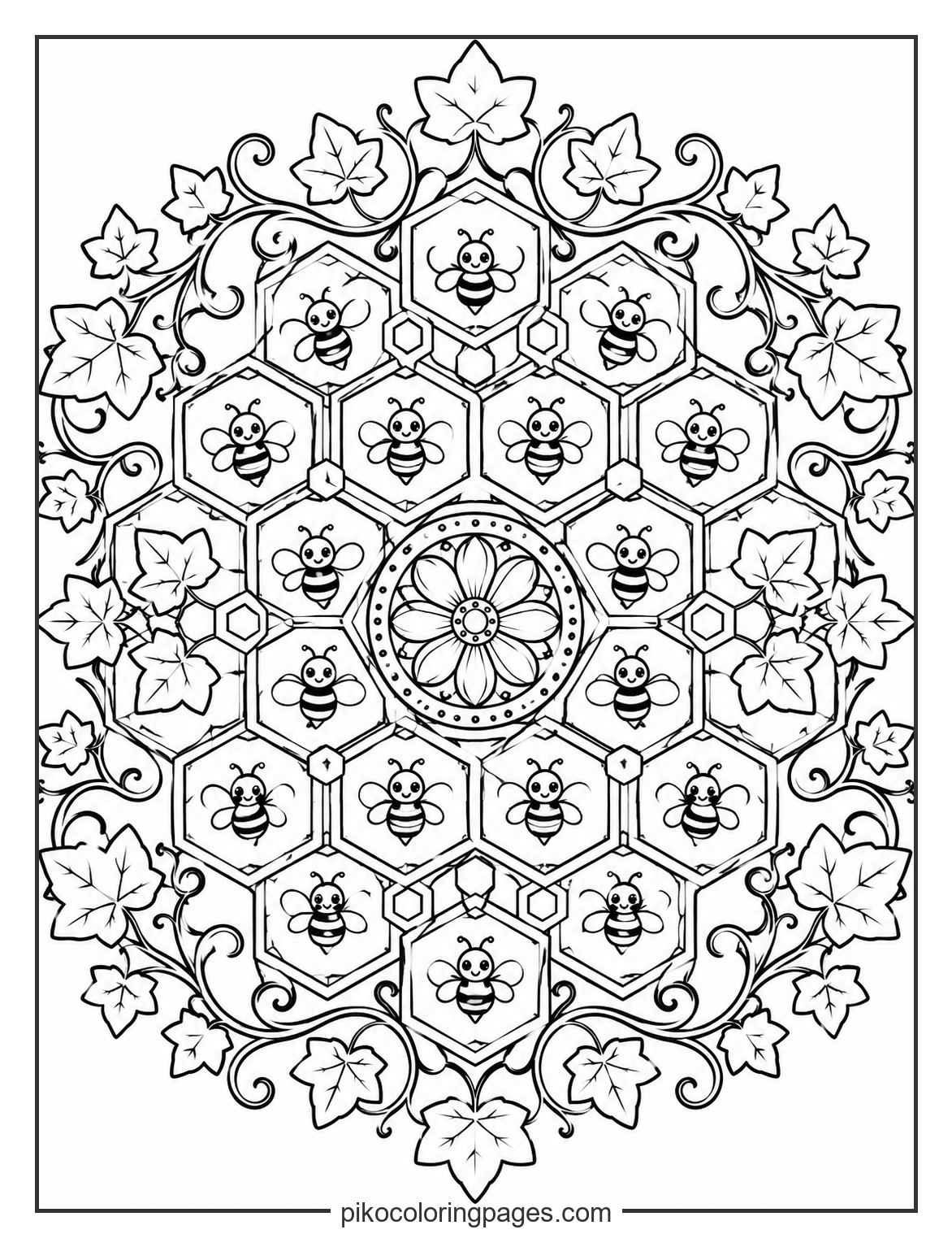 Interconnected honeycomb and ivy mandala coloring page