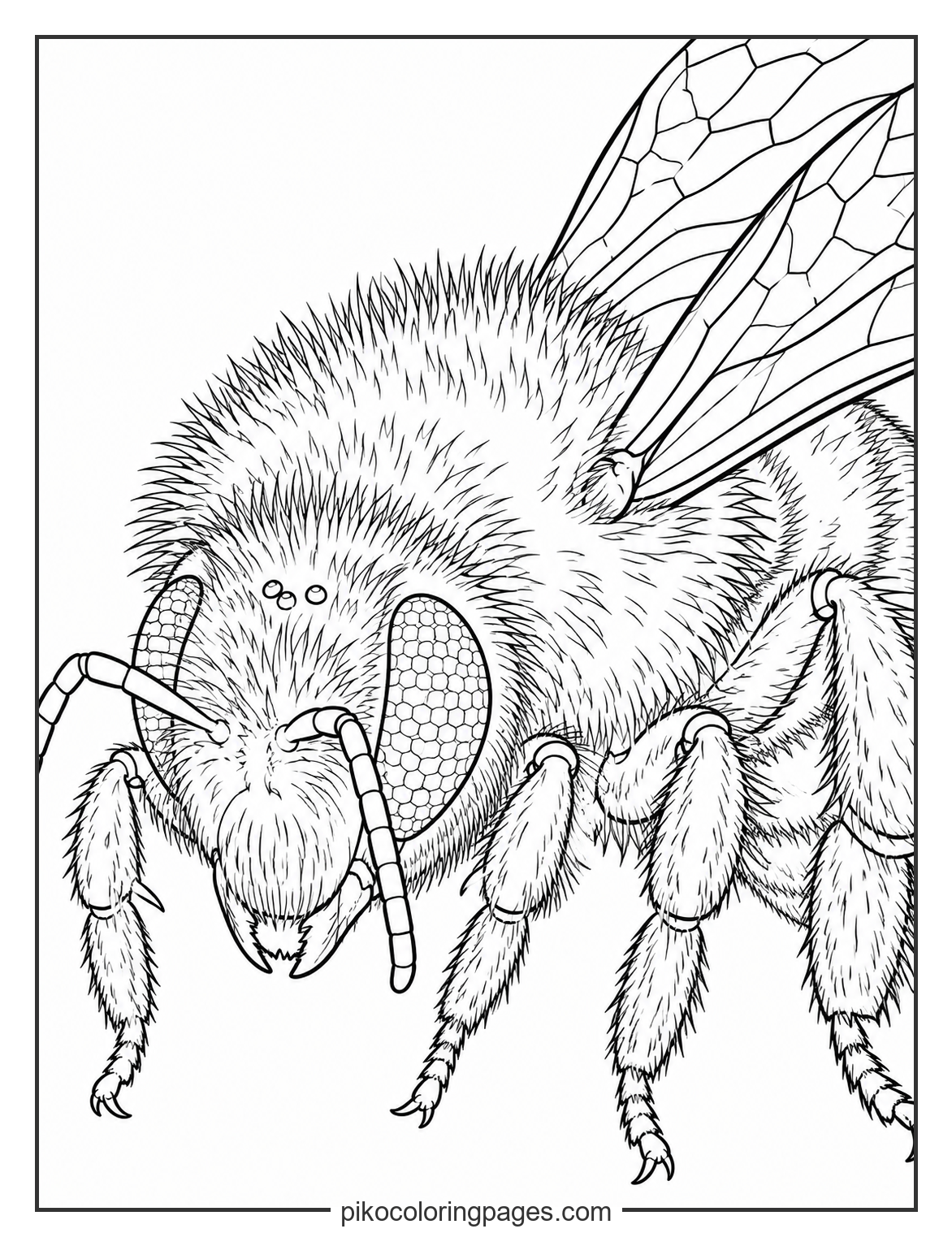 Macro view realistic bumblebee face coloring page