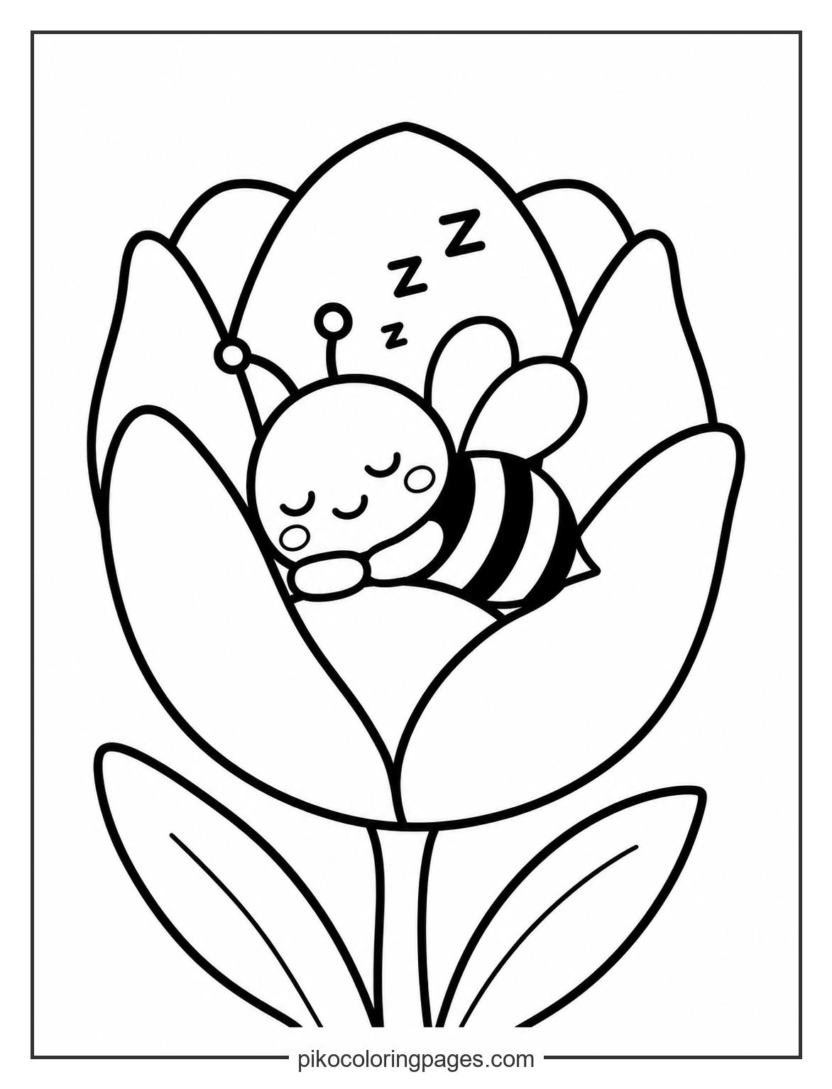 Sleepy bee sleeping on a flower petal coloring page
