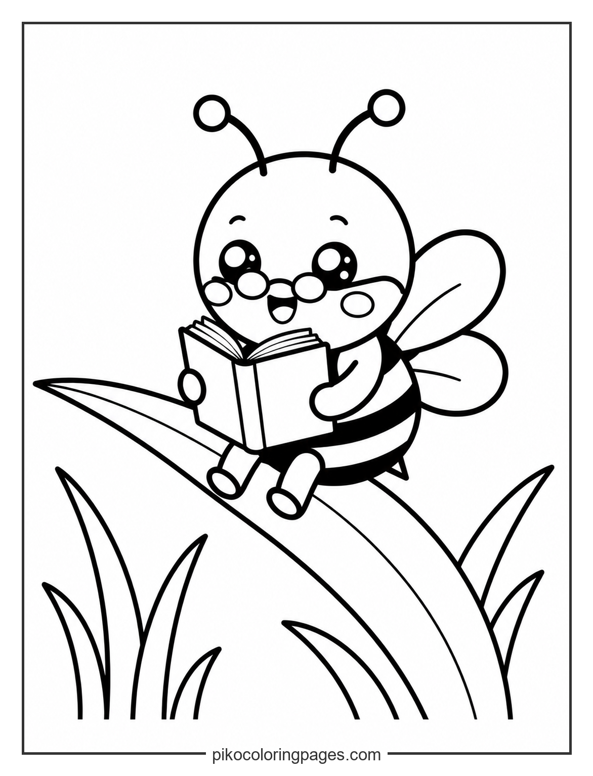 Smart bee reading a book coloring page for school