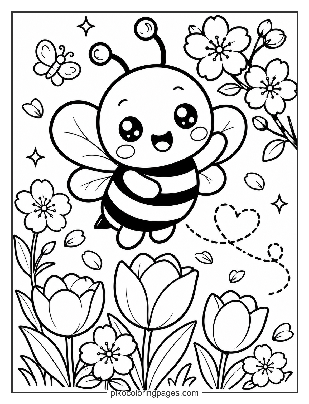Spring bee and flowers coloring page