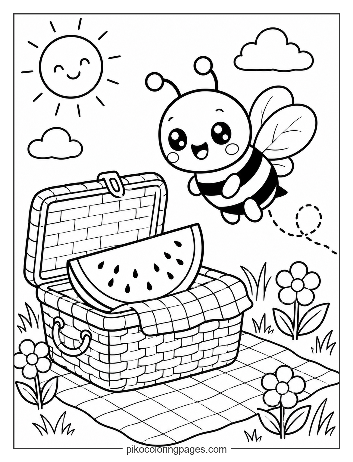 Summer picnic bee and watermelon coloring page
