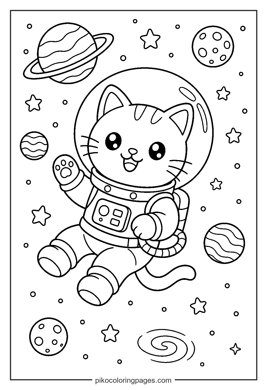 One small step for man, one giant leap for kitty-kind! Space explorer cat coloring page with astronaut helmet