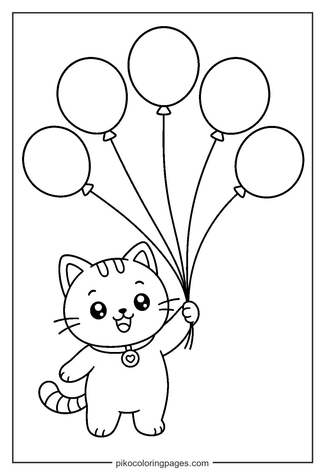 Up, up, and away! This kitty is ready for a celebration. Cute cat holding balloons coloring page for birthday party