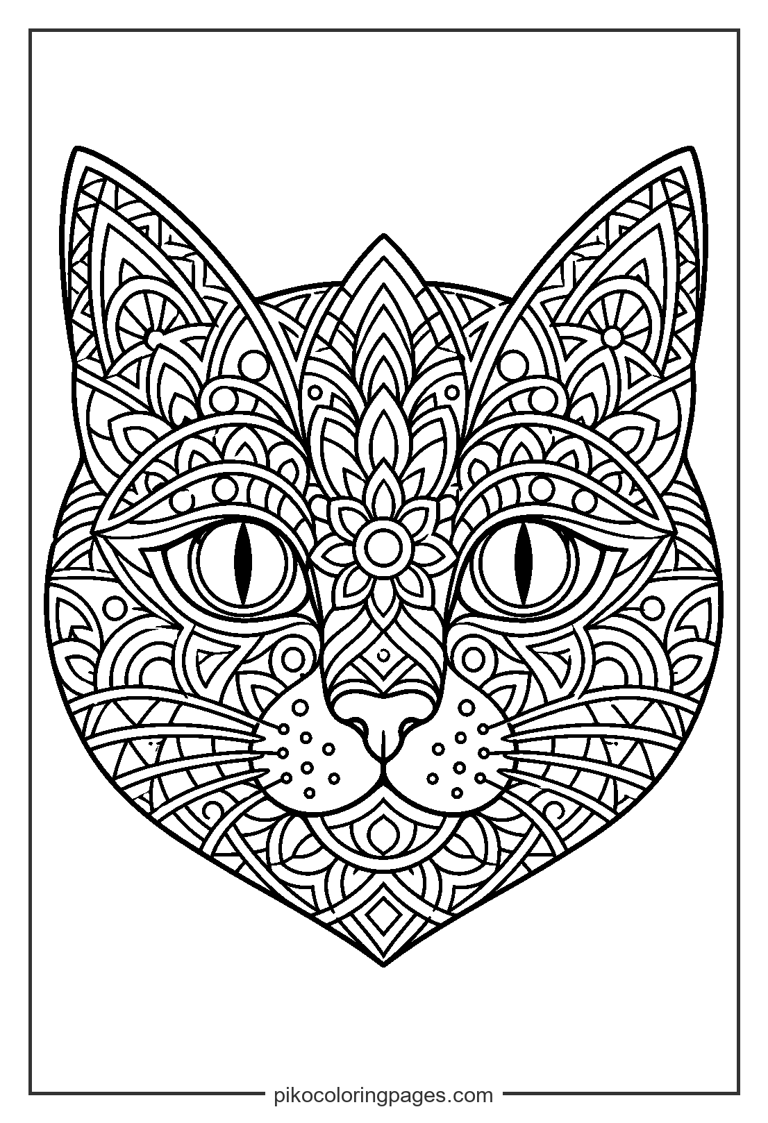 Relax and unwind with this intricate cat mandala design. Detailed cat face mandala coloring page for relaxation