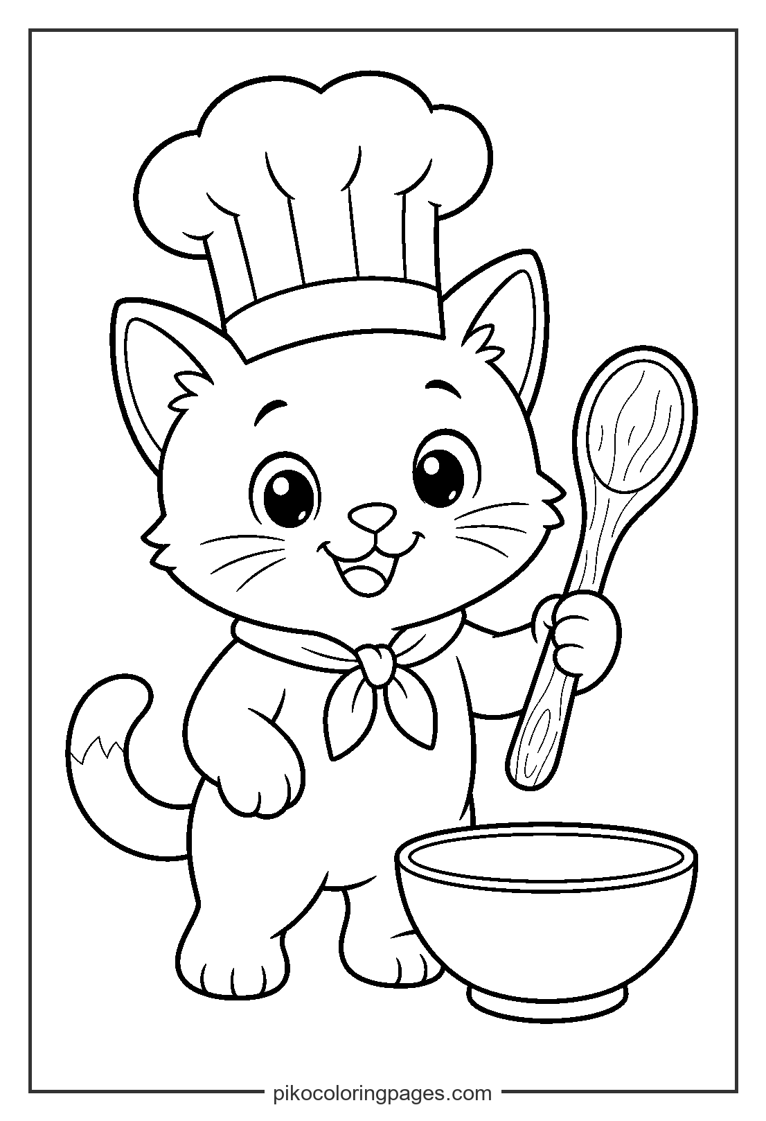 Chef Kitty is ready to bake some delicious treats! Cute kitten wearing a chef hat coloring page with cooking props