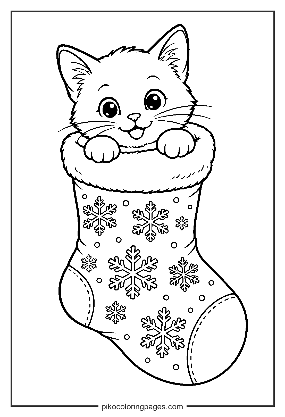 The best gift under the tree is a tiny, cute kitten! Christmas kitten in a stocking coloring page for holidays