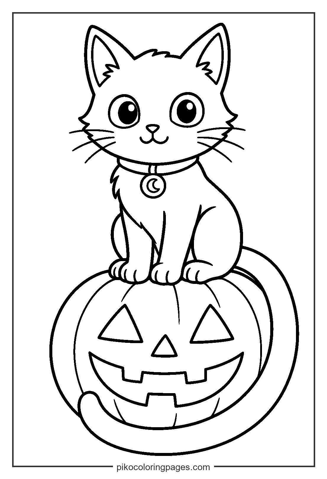 This festive feline is ready for a night of trick-or-treating! Halloween cat on a pumpkin coloring page for spooky season