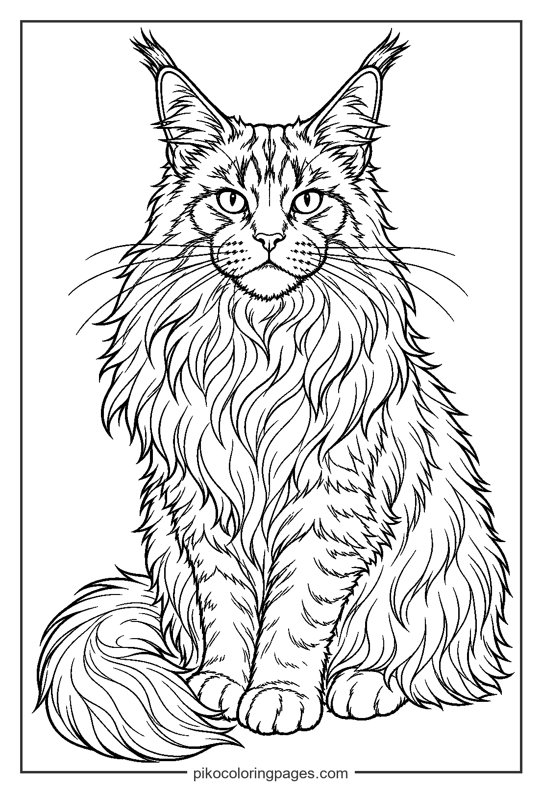 The majestic Maine Coon shows off its beautiful, thick coat. Realistic Maine Coon cat coloring page with long fluffy fur