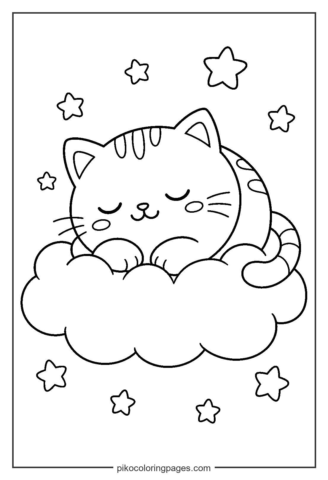 Sweet dreams for this little kitty in the clouds. Cute kawaii cat sleeping on a cloud coloring page with stars