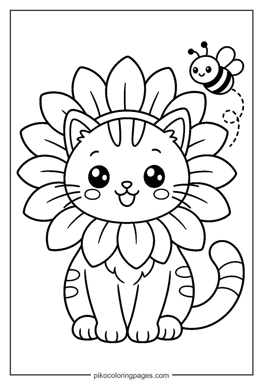 This kitty is a little ray of sunshine in its flower hat. Cute kitten with sunflower hat coloring page for spring
