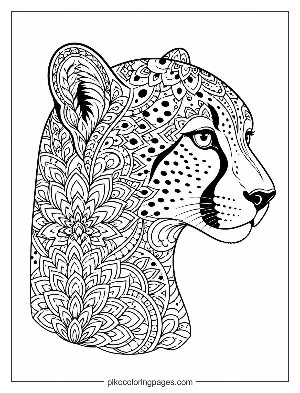 Intricate cheetah head mandala coloring page for relaxation