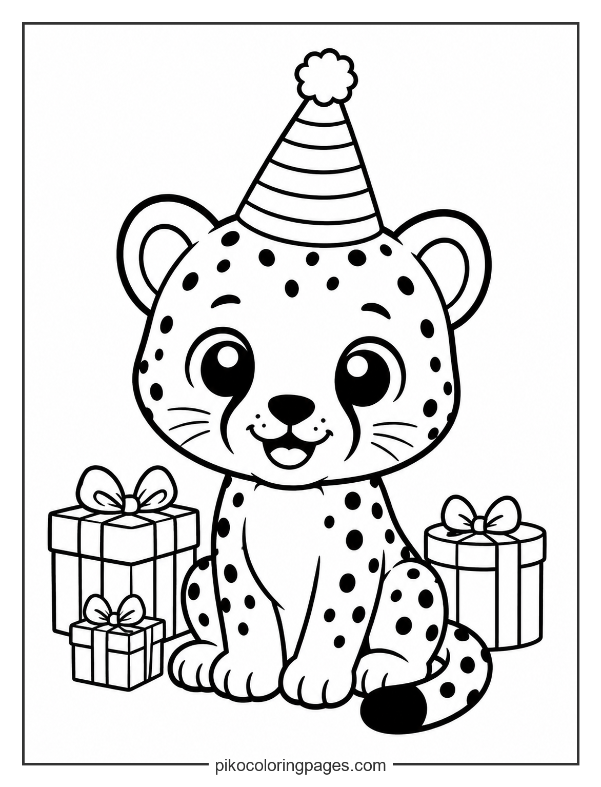 Cute cheetah with a birthday hat coloring page