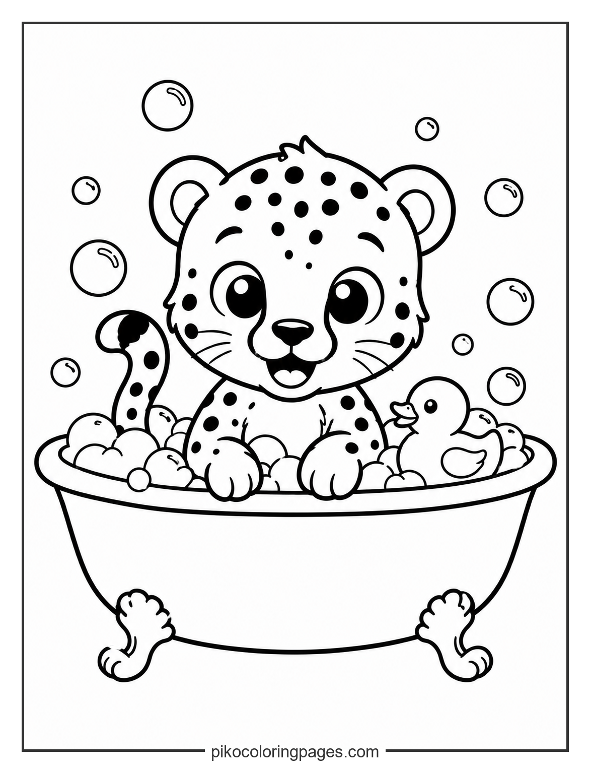Cute baby cheetah in a bubble bath coloring page