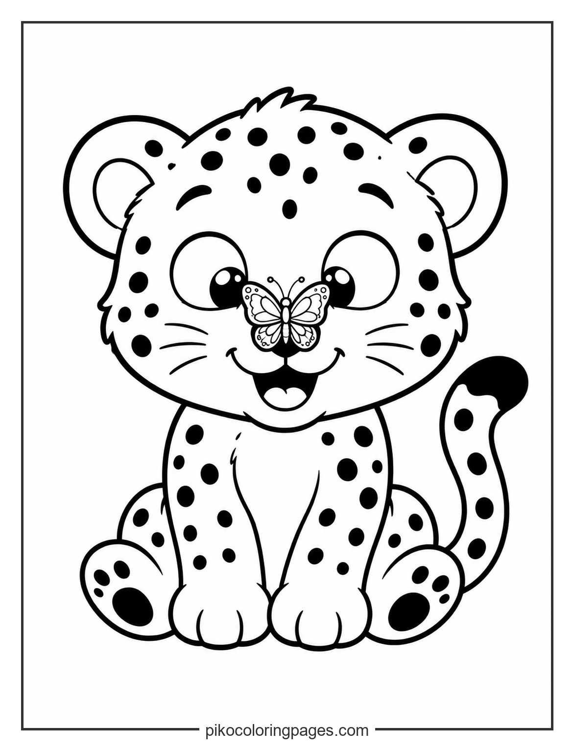 Cute baby cheetah with butterfly coloring page for kids
