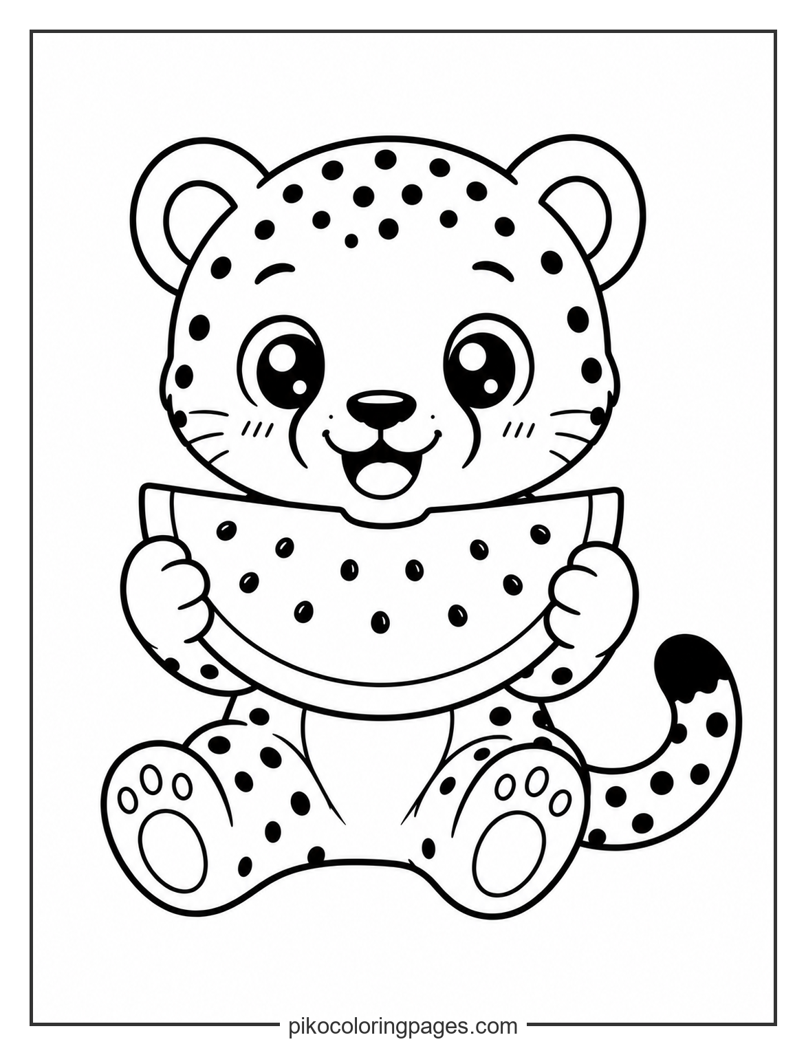 Cute cheetah eating watermelon slice coloring page for summer
