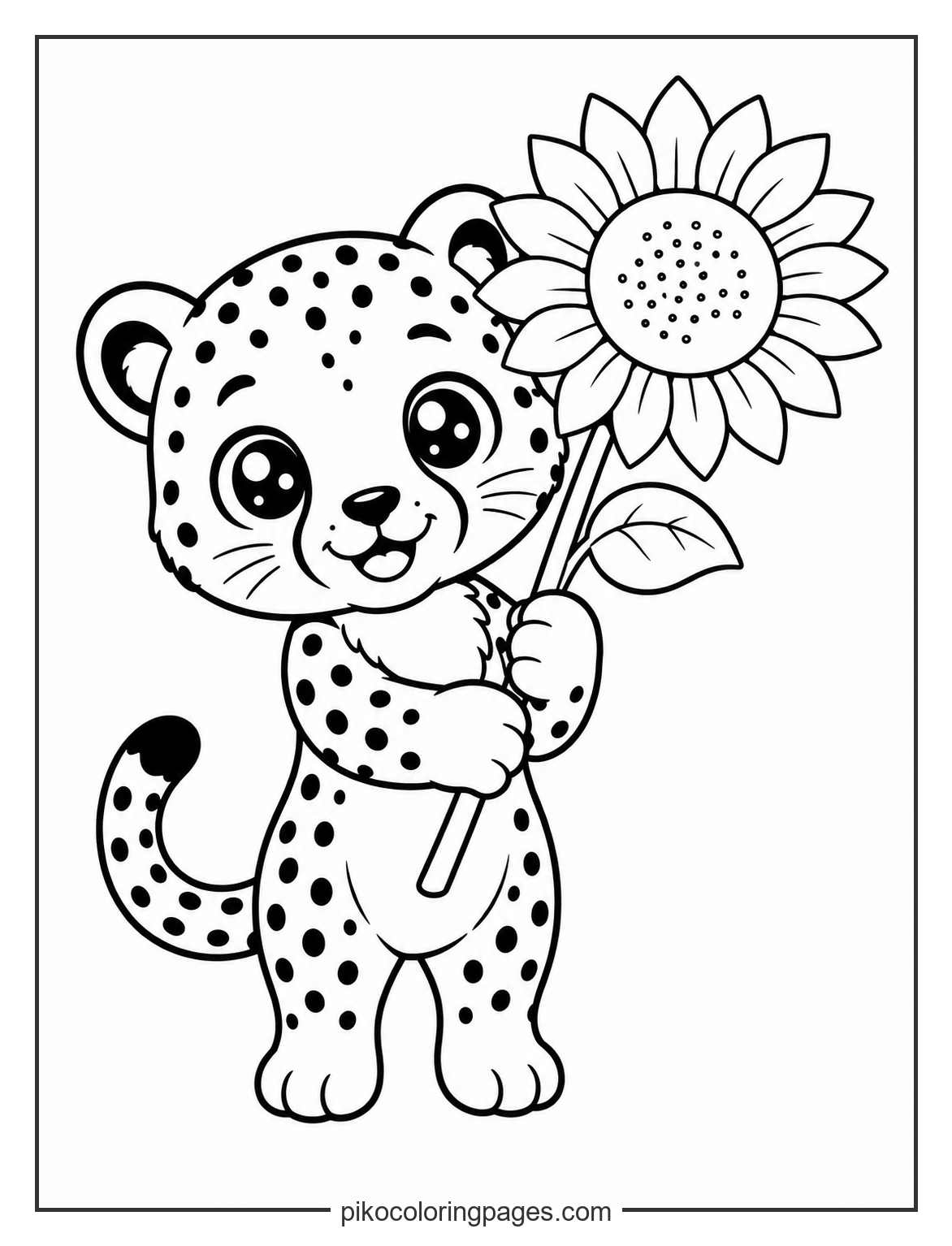 Kawaii cheetah holding a big flower coloring page for kids