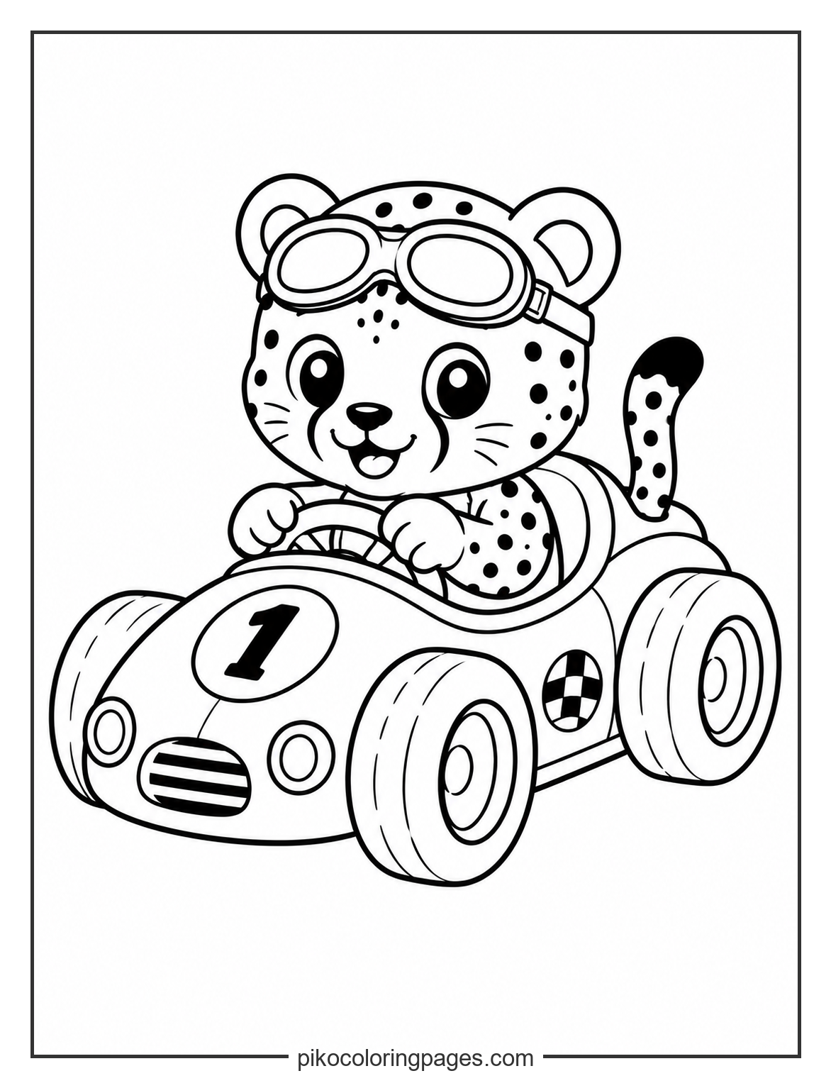 Cute cheetah driving a race car coloring page