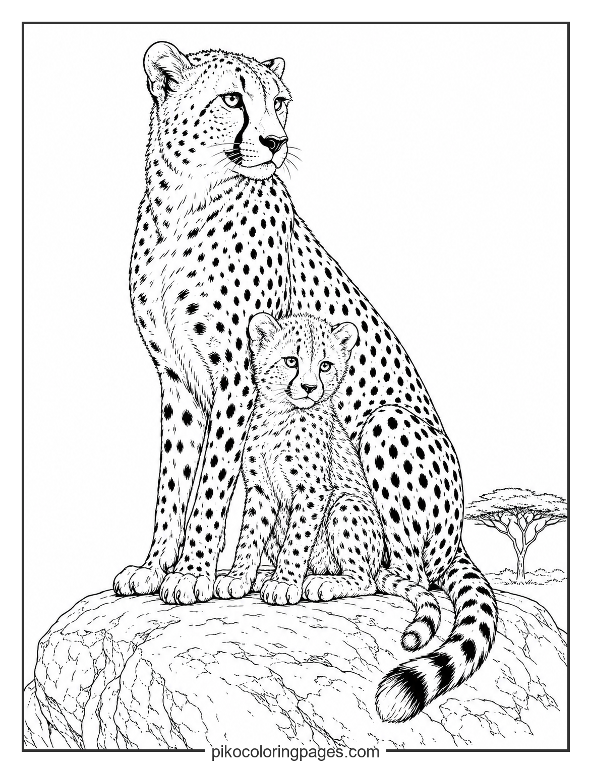 Realistic mother and baby cheetah cub on a savanna rock coloring page