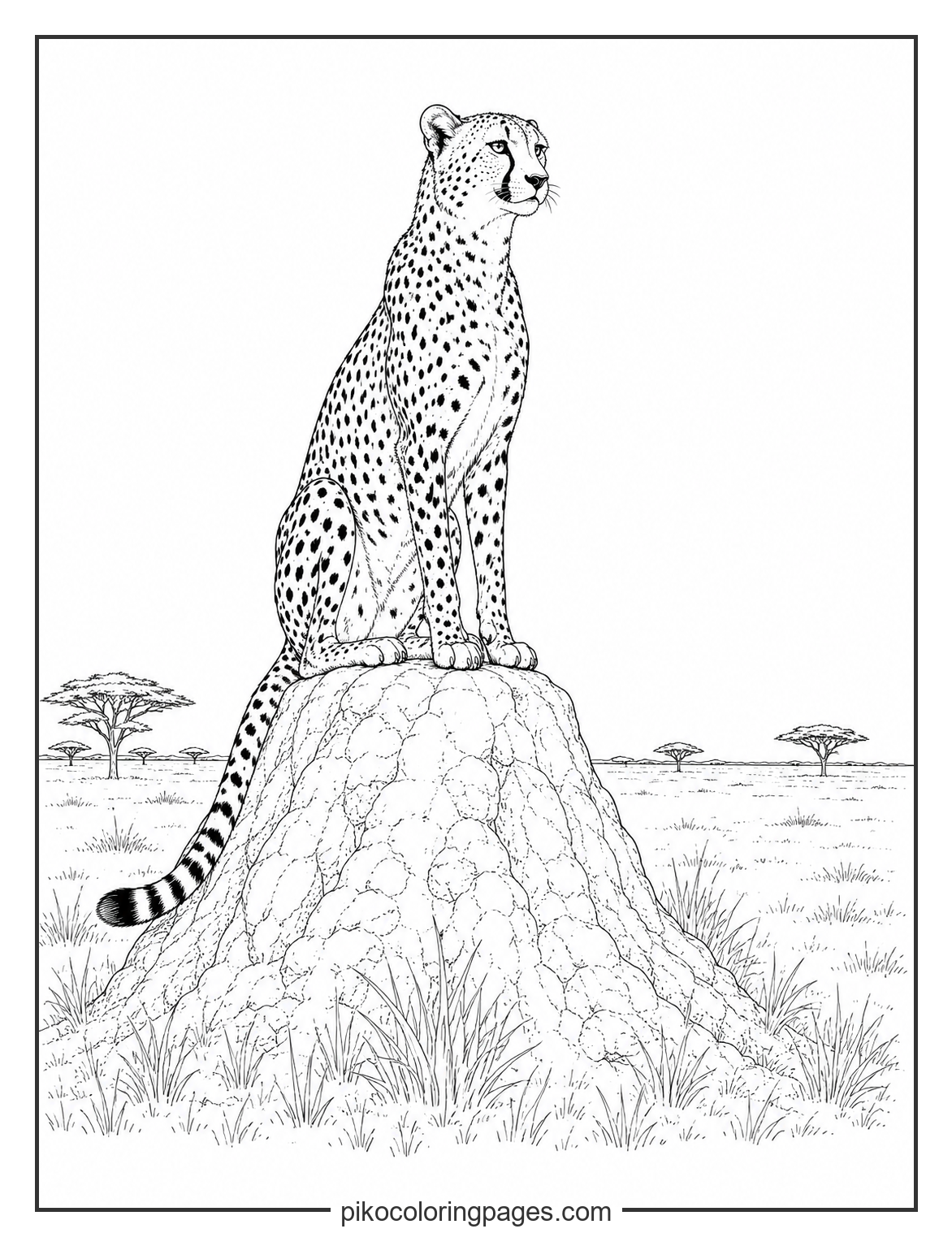 Realistic cheetah on a termite mound savanna coloring page