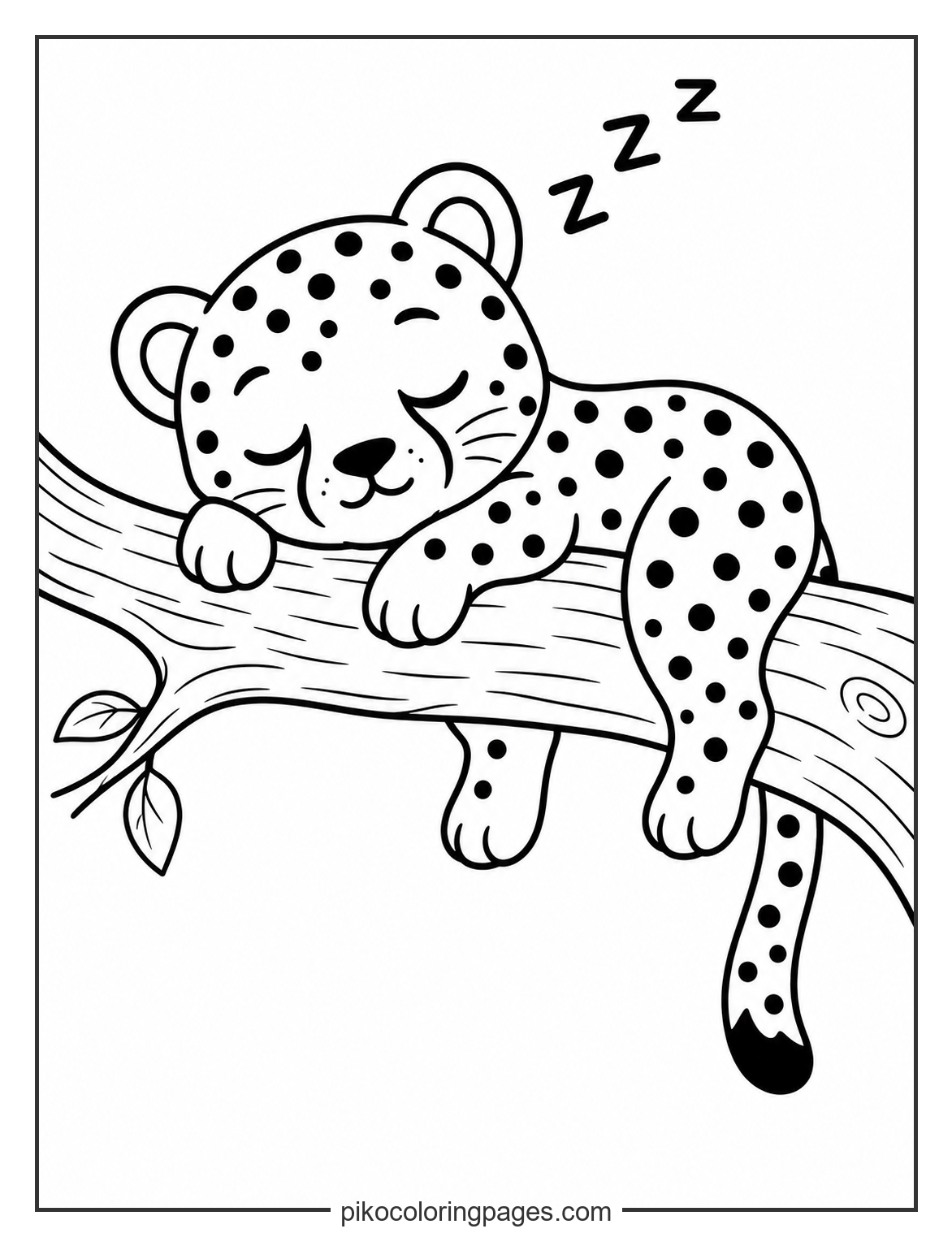 Cute sleeping baby cheetah on a tree branch coloring page
