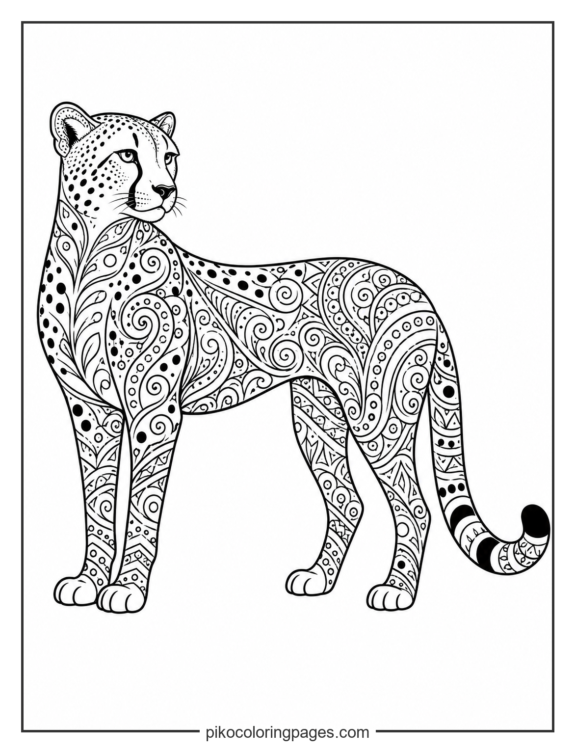 Zentangle pattern cheetah coloring page for detailed art