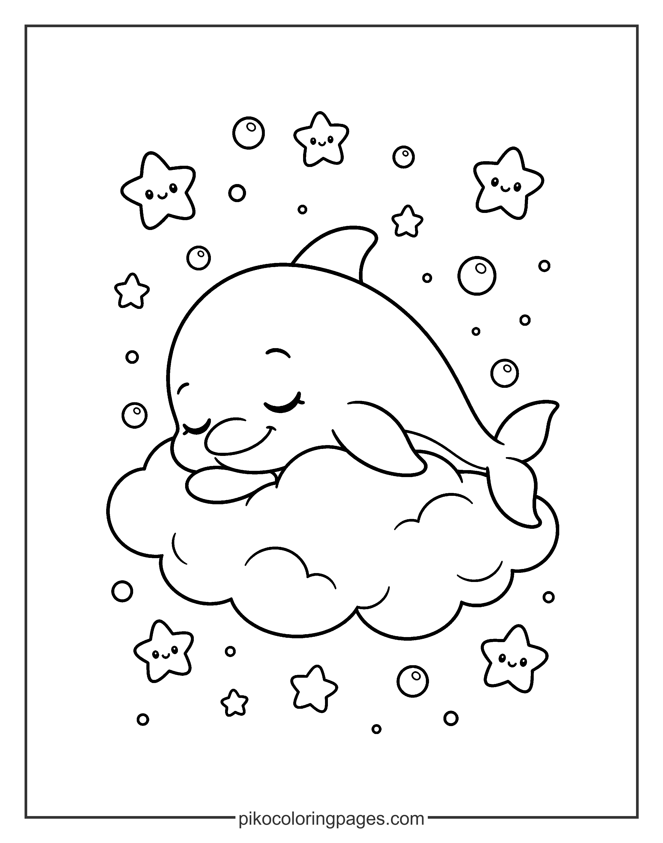 Sweet dreams for this little baby dolphin. cute baby dolphin sleeping on a cloud coloring page