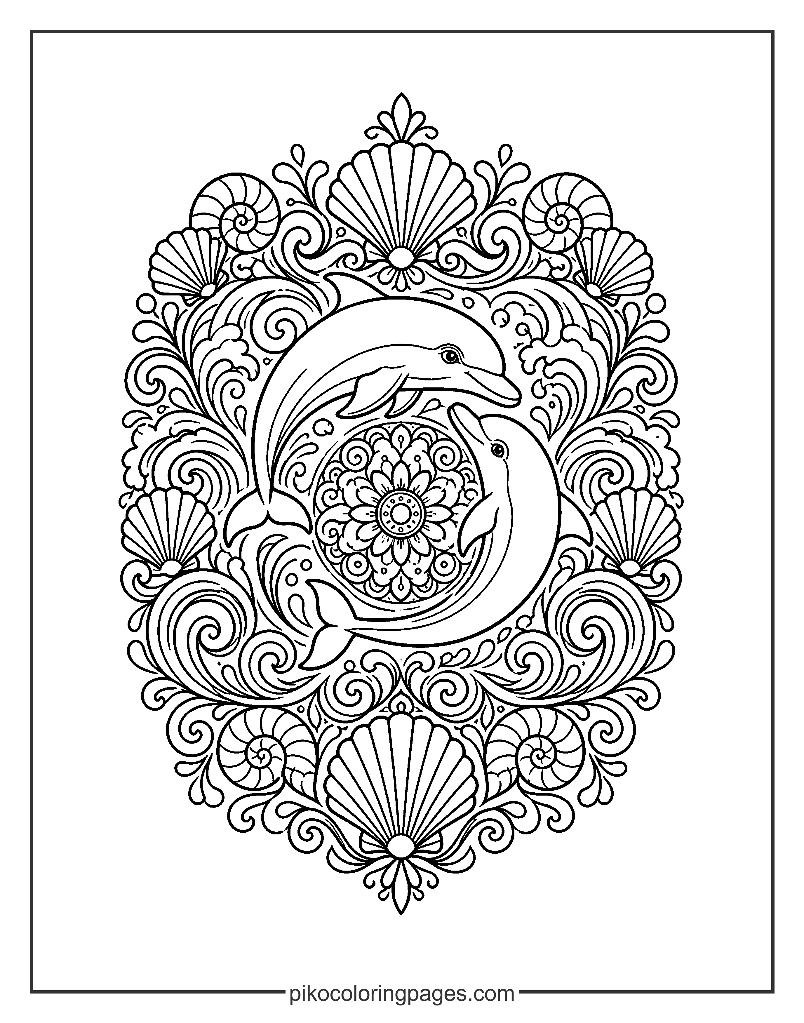 A harmonious circle of dolphins and ocean patterns. symmetrical dolphin circle mandala coloring page