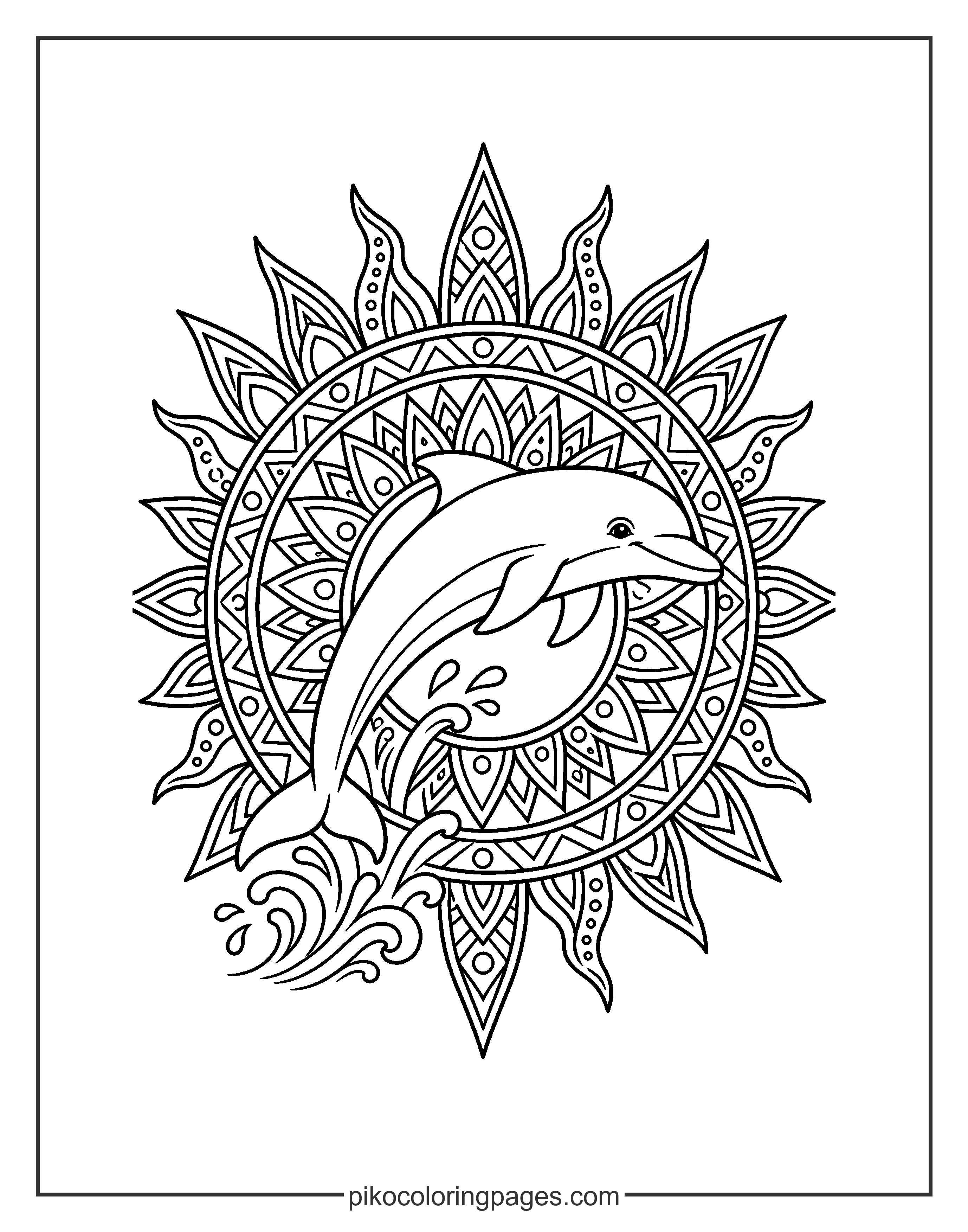 A powerful dolphin jumping through a sun-inspired mandala. dolphin and geometric sun mandala coloring page